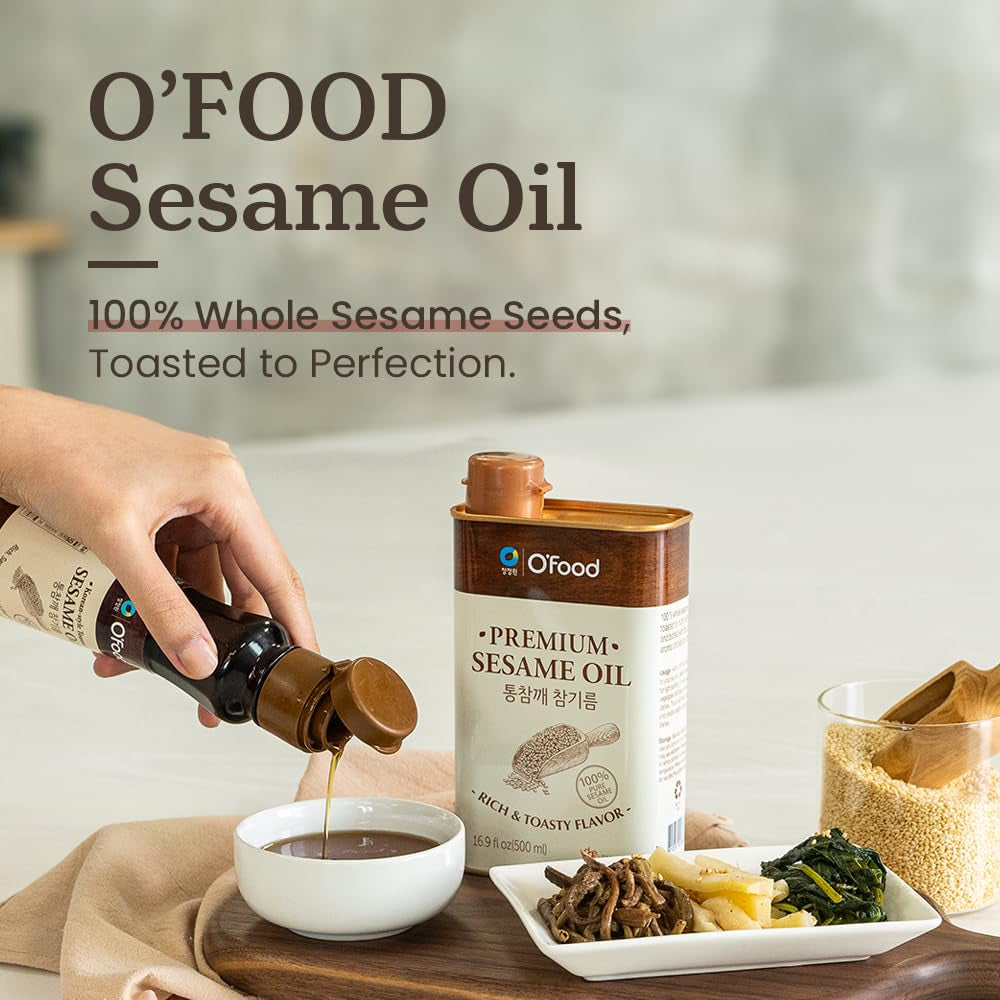 O’Food Premium Sesame Oil, 5.4 Fl Oz | 100% Pure Toasted Sesame Seed Oil | Korean-Style Rich & Nutty Flavor | Authentic Asian Cooking Oil for Stir Fry, Noodles, Dressing & Drizzle