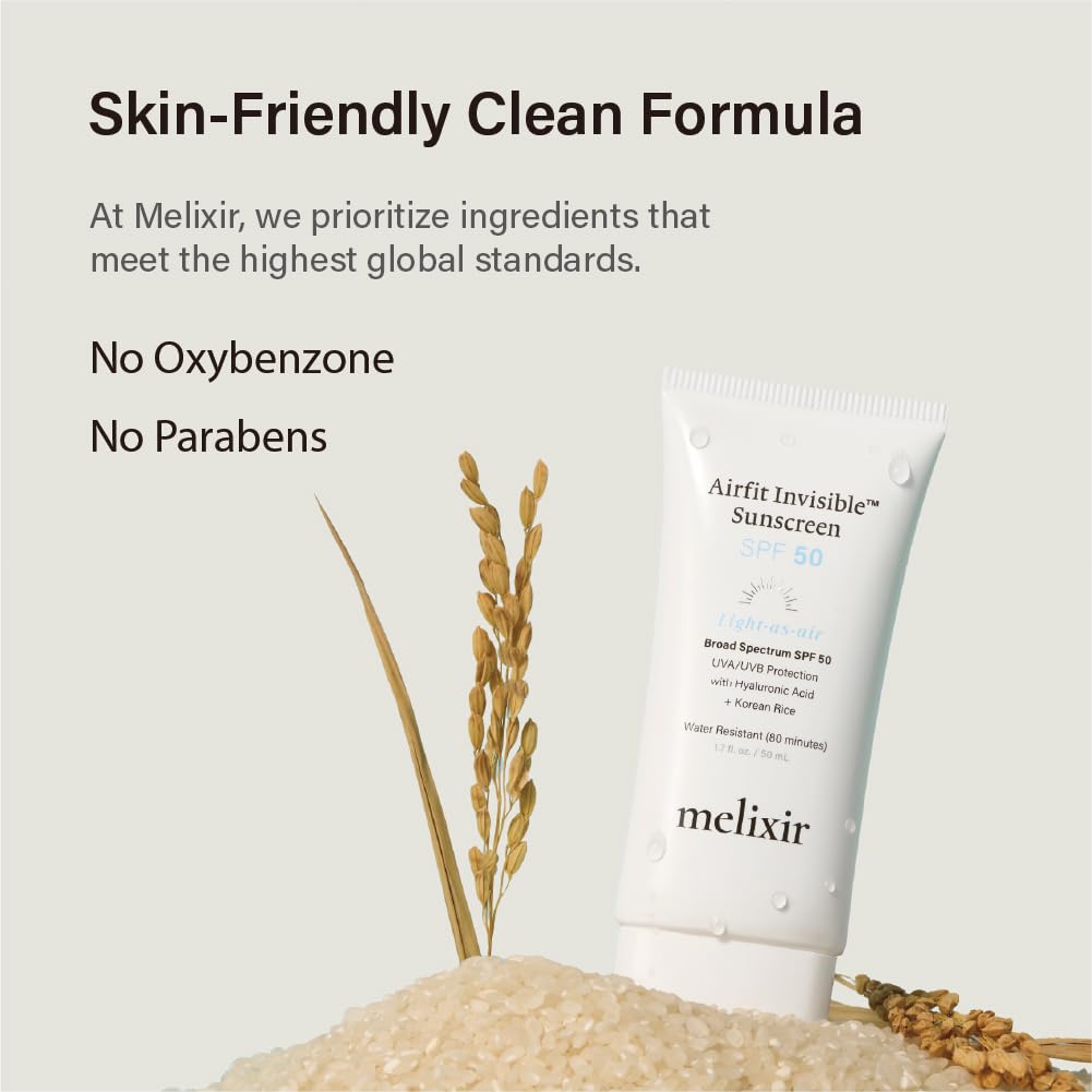 Melixir Airfit Invisible™ Sunscreen SPF 50, Broad Spectrum Korean Rice Sunscreen for Face, Hyaluronic Acid, Moisturizing Daily Protection for Sensitive Skin, No White Cast, Waterproof (1.7Fl.Oz./50Ml)