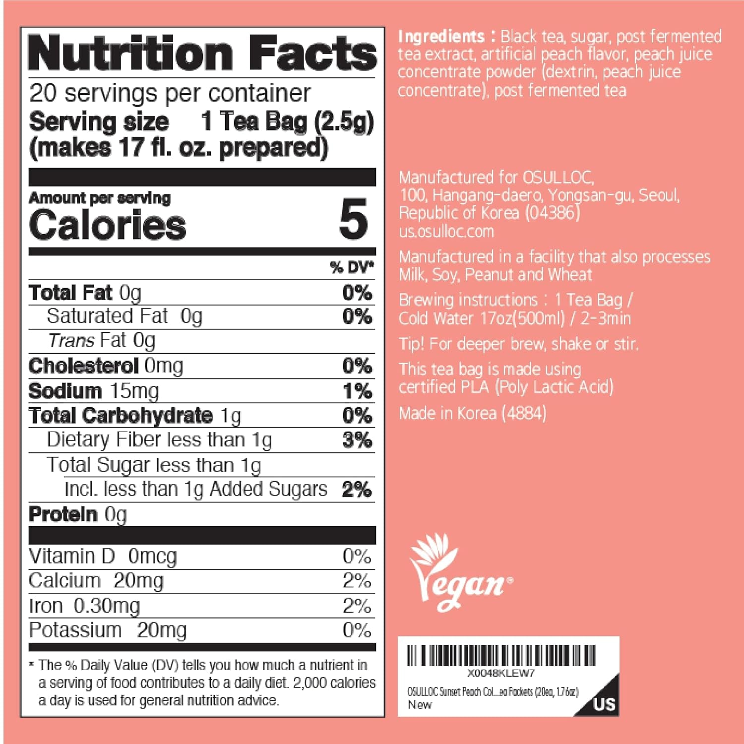 OSULLOC Sunset Peach Cold Brew Tea, Sweet Peach Flavored Iced Tea, Hydration Tea Packets (20Ea, 1.76Oz)