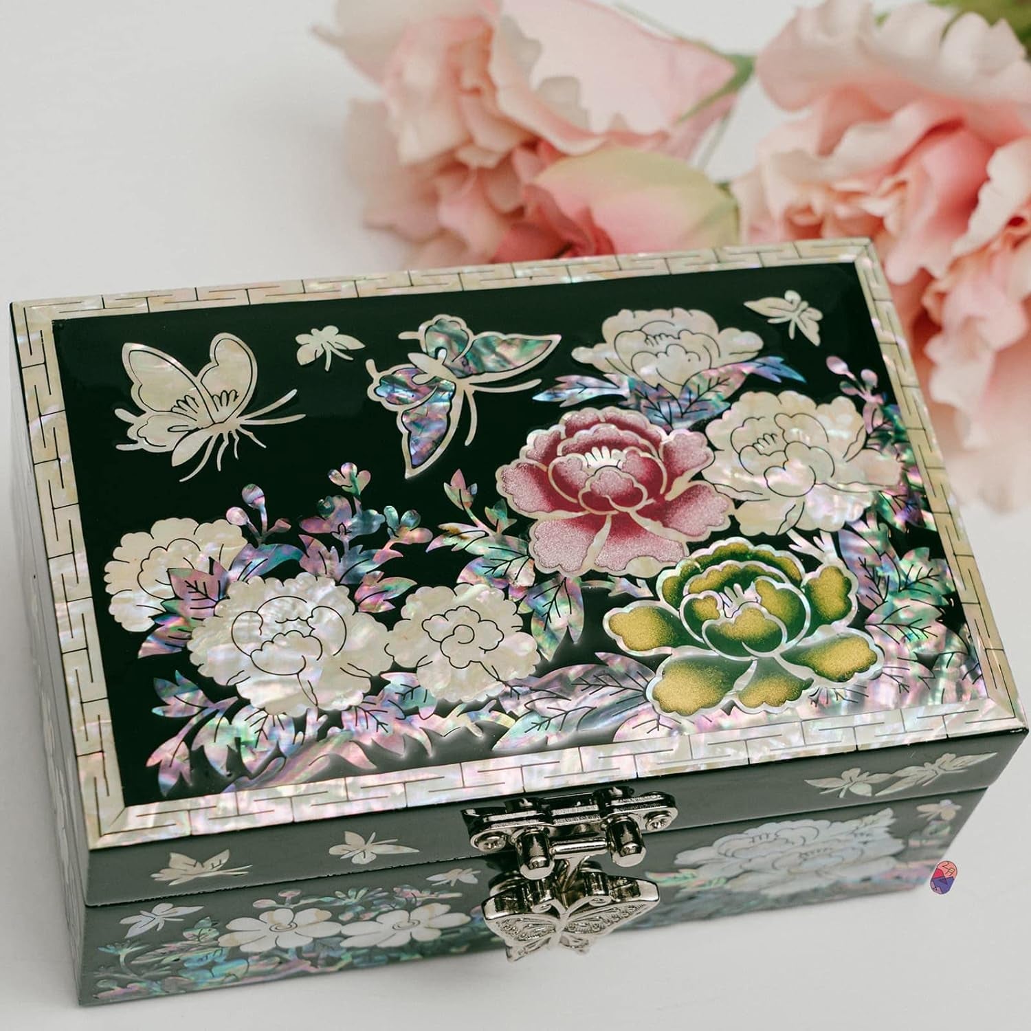February Mountain Luxury Mother of Pearl Jewelry Box – Handcrafted Korean Keepsake Box with Floral and Butterfly Design, Ideal Christmas and Birthday Gift for Women, Mom, Sister, Wife, or Grandma