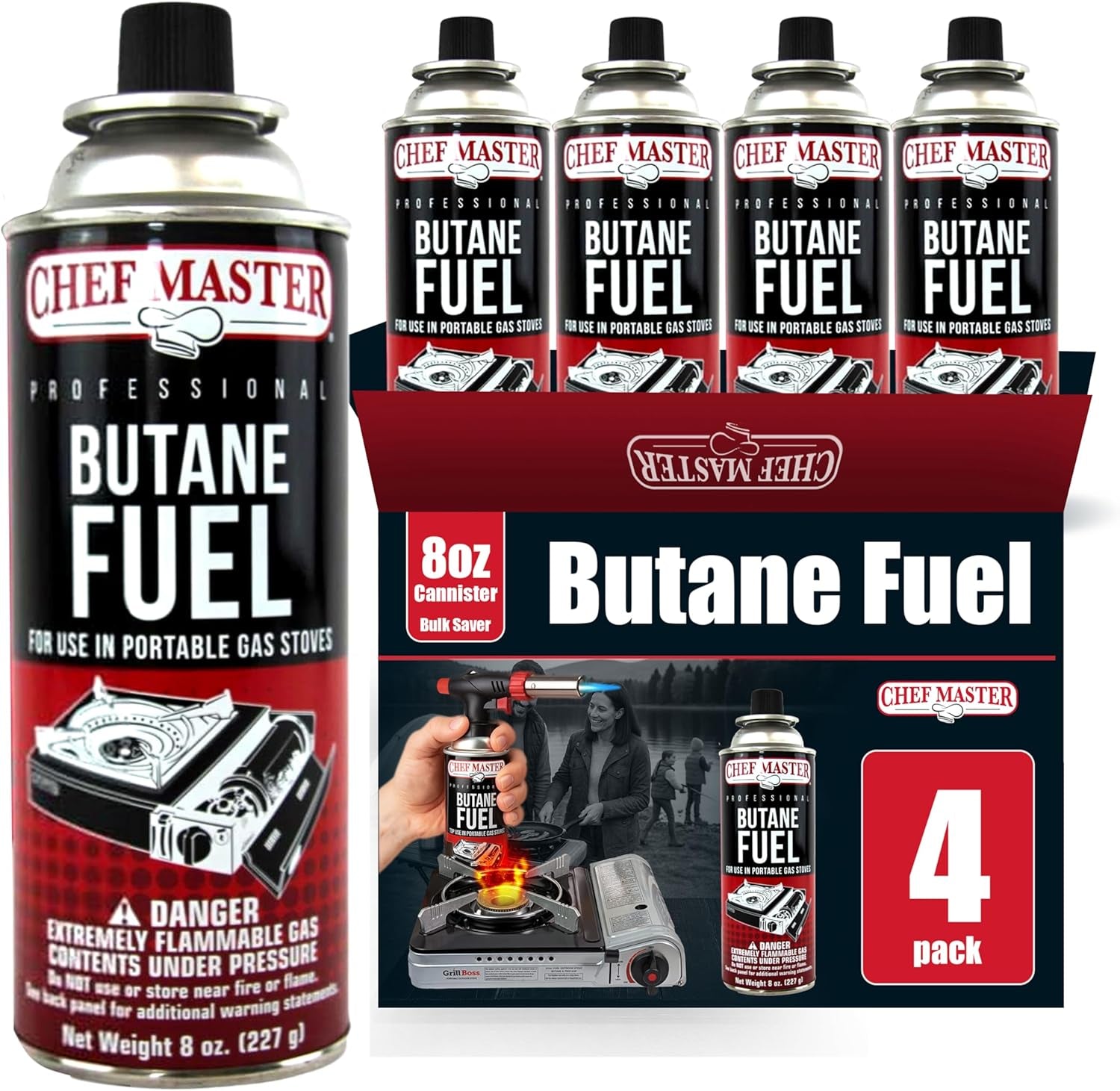 Chef Master 4X 8Oz Butane Fuel Canister - Butane Refill for Kitchen Torch & Camp Stove - Gas Canister for Picnics, Outdoor Cooking, Grilling - Camping Stove, Torch Fuel Camping Essentials - 90340