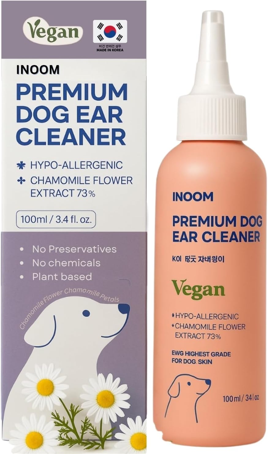 Korean Plant Based Vegan Dog Ear Cleaner 100 Ml – Naturally Derived Ear Cleanser Dogs – Advanced Solution for Ear Cleaning, Odors, Debris, Itchy, Ear Wax, Moisturizing – Made in Korea