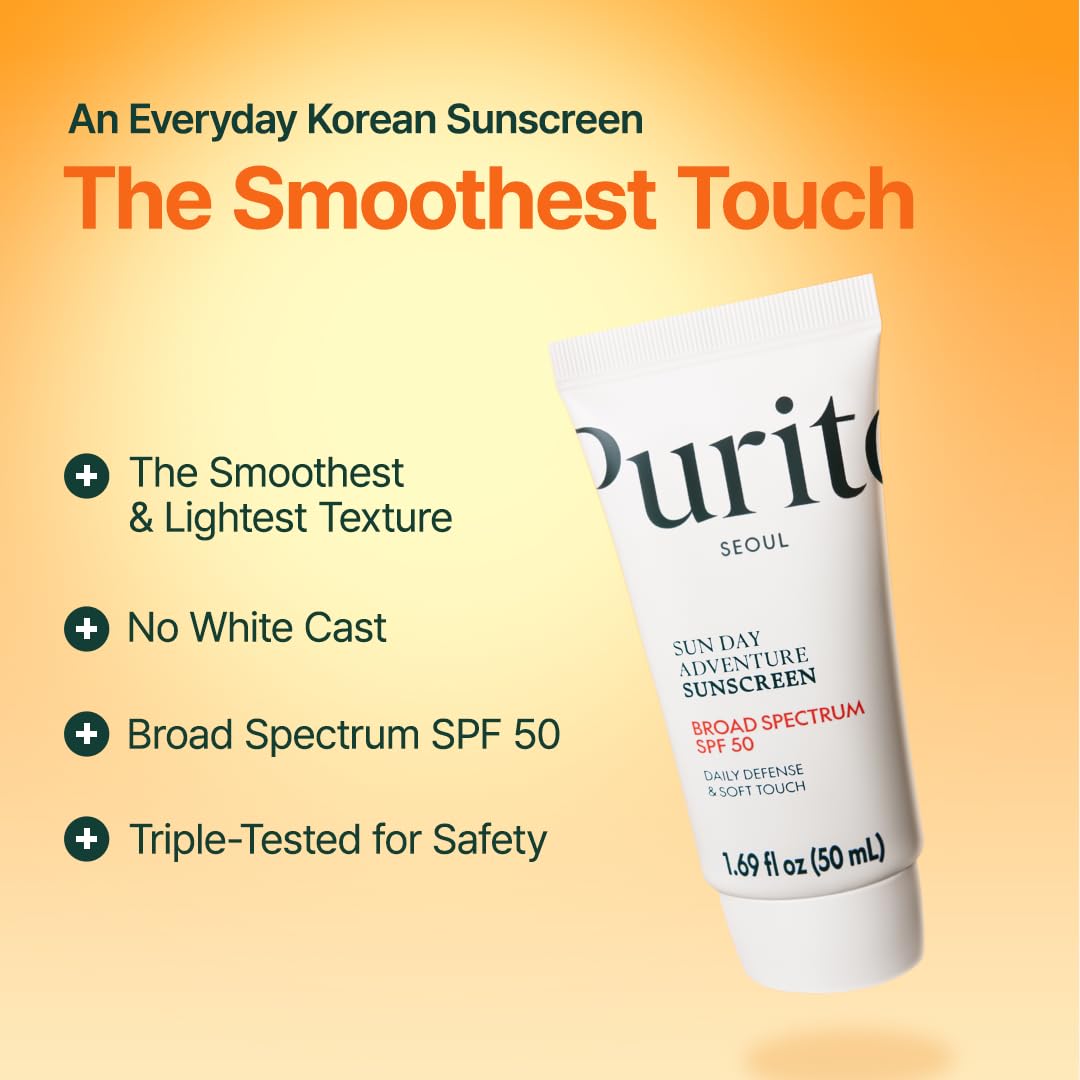 PURITO Sun Day Adventure Korean Sunscreen Smoothest and Lightest Texture Broad Spectrum SPF 50 UVA & UVB Protection No White Cast Oil Free for All Skin Types Vegan Daily Skin Care 50Ml, 1.69 Fl.Oz