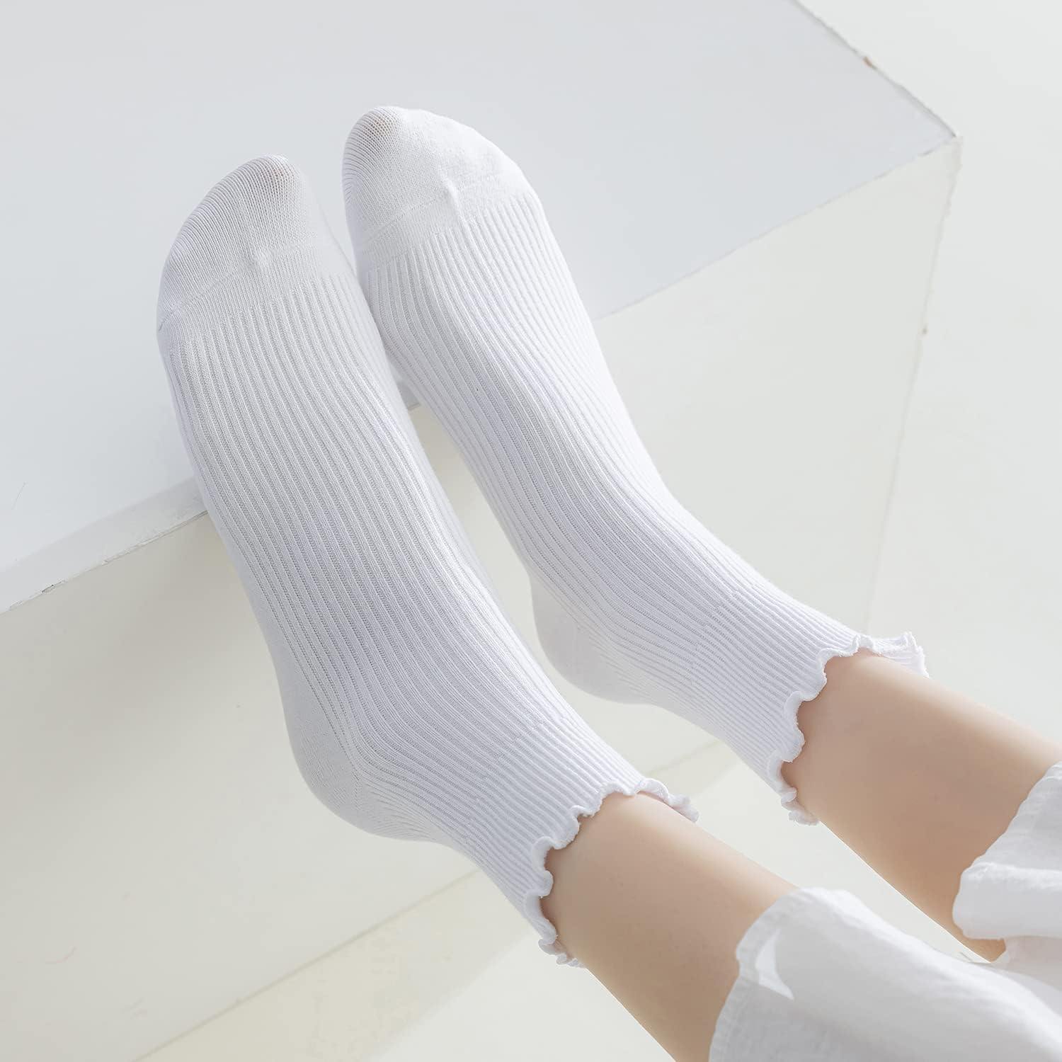 Mcool Mary Womens Socks, Ruffle Turn-Cuff Casual Ankle Breathable Cool Knit Cotton Lettuce Crew Frilly Sock 6 Pack