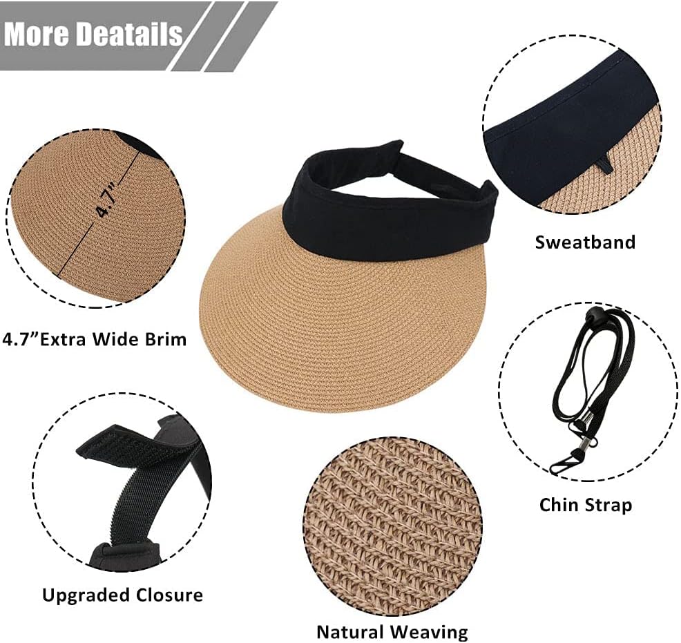Women Straw Sun Visor Hat Wide Brim Summer UV Protection Beach Cap Foldable Packale Korean Style