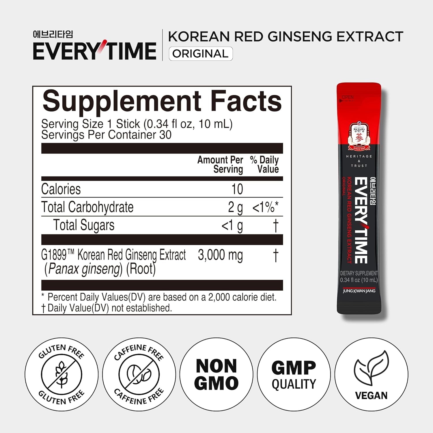 Everytime Korean Red Ginseng Extract Stick 3,000Mg Original - Adaptogen Energy Drink Liquid Stick Supplements - Energy Boost & Immune Support, Caffeine Free (30 Sticks)