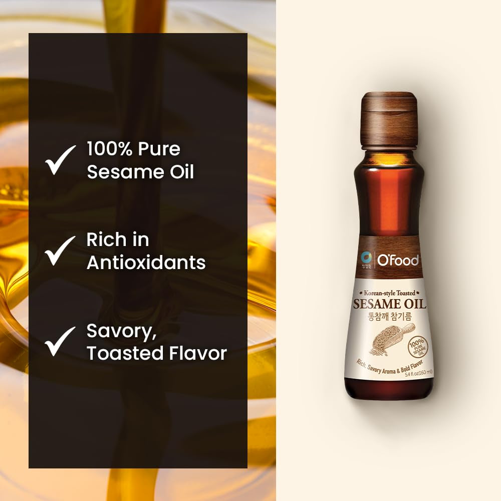 O’Food Premium Sesame Oil, 5.4 Fl Oz | 100% Pure Toasted Sesame Seed Oil | Korean-Style Rich & Nutty Flavor | Authentic Asian Cooking Oil for Stir Fry, Noodles, Dressing & Drizzle
