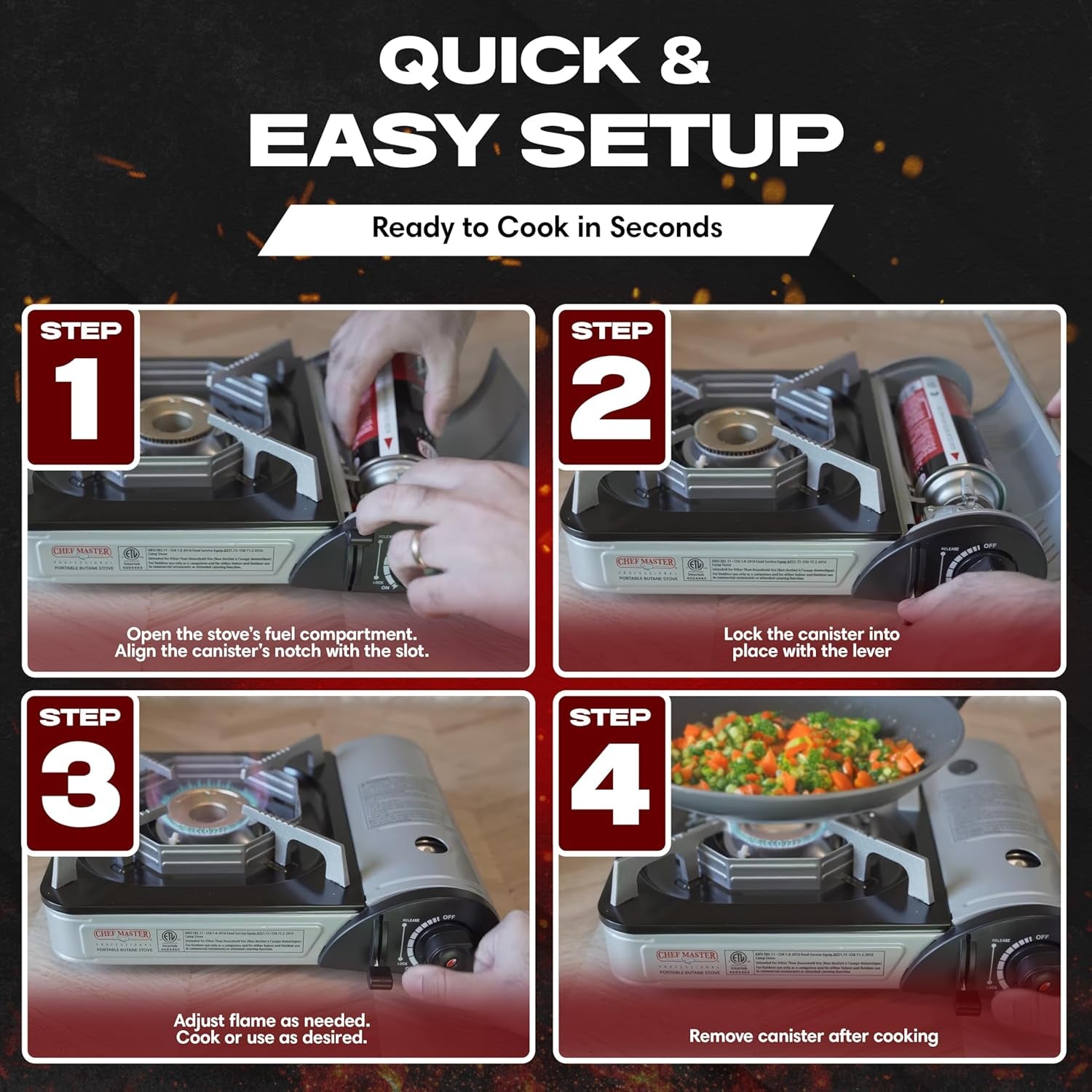 Chef Master 4X 8Oz Butane Fuel Canister - Butane Refill for Kitchen Torch & Camp Stove - Gas Canister for Picnics, Outdoor Cooking, Grilling - Camping Stove, Torch Fuel Camping Essentials - 90340