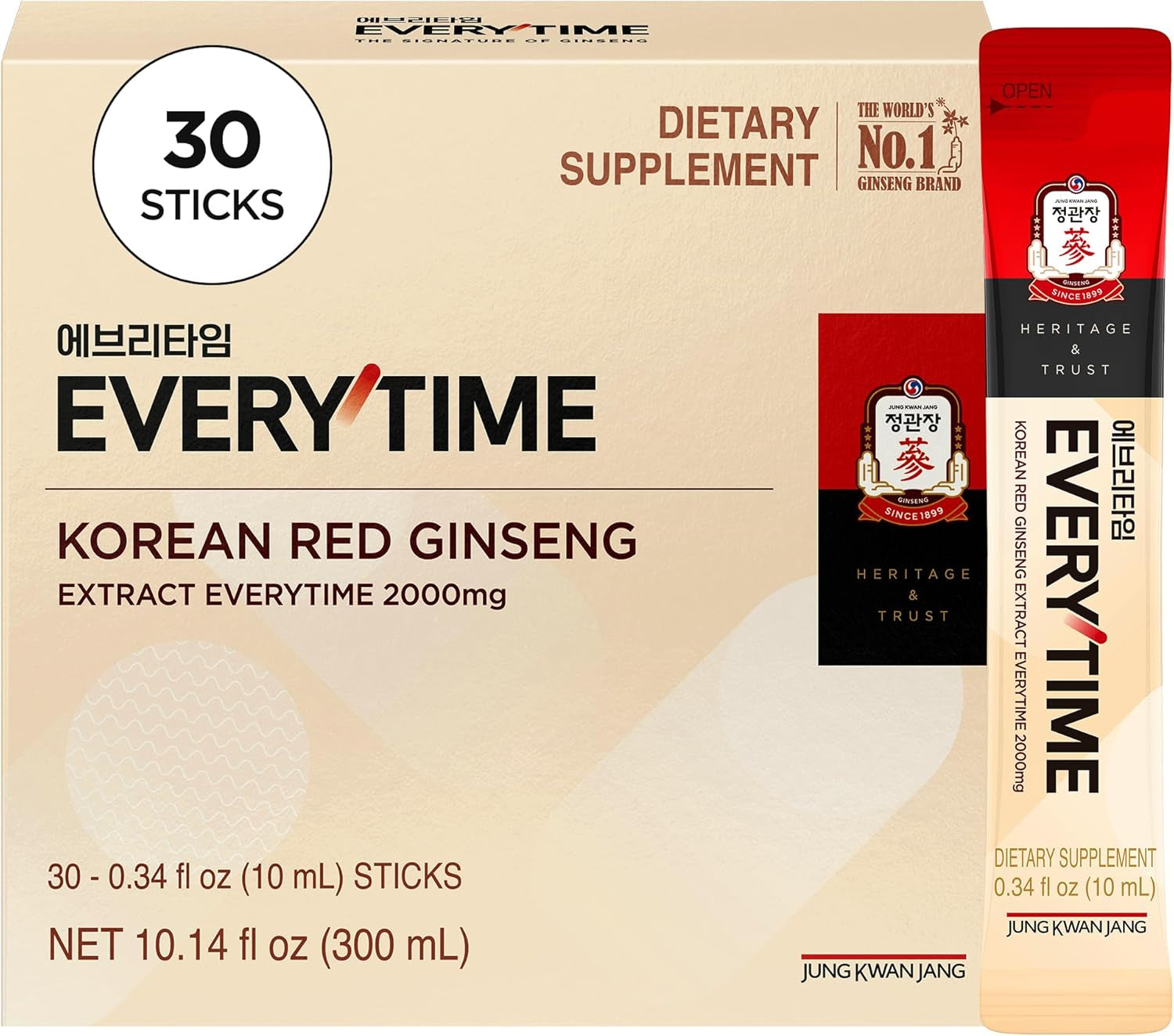 Everytime Korean Red Ginseng Extract Stick 2,000Mg Signature - Adaptogen Energy Drink, Liquid Stick Supplements with Propolis - Energy Boost & Immune Support, Caffeine Free (30 Sticks)