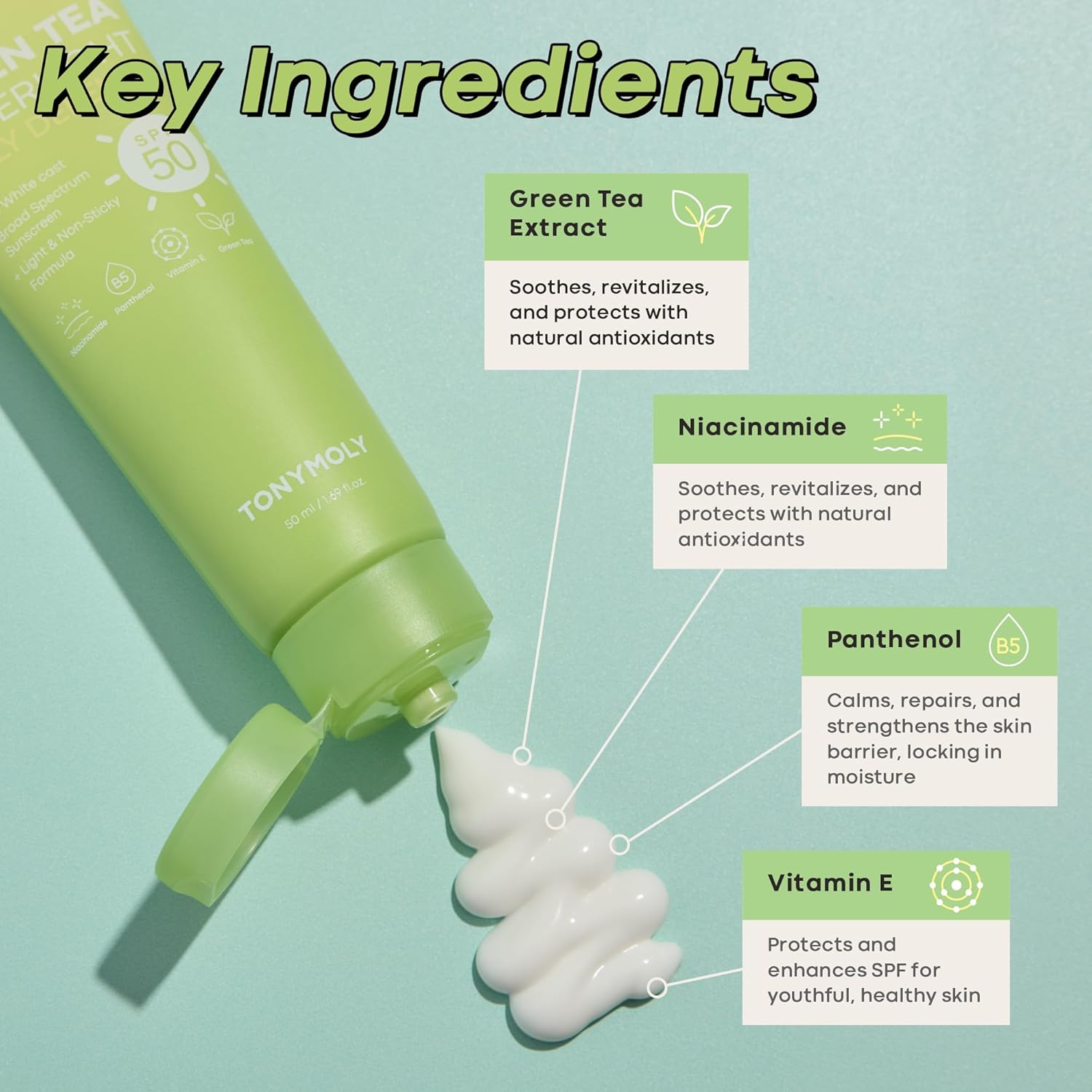 TONYMOLY Green Tea Korean Sunscreen SPF 50 – Non-Greasy Broad Spectrum Face Sunscreen with Niacinamide, Panthenol & Hyaluronic Acid, Travel Size 50Ml