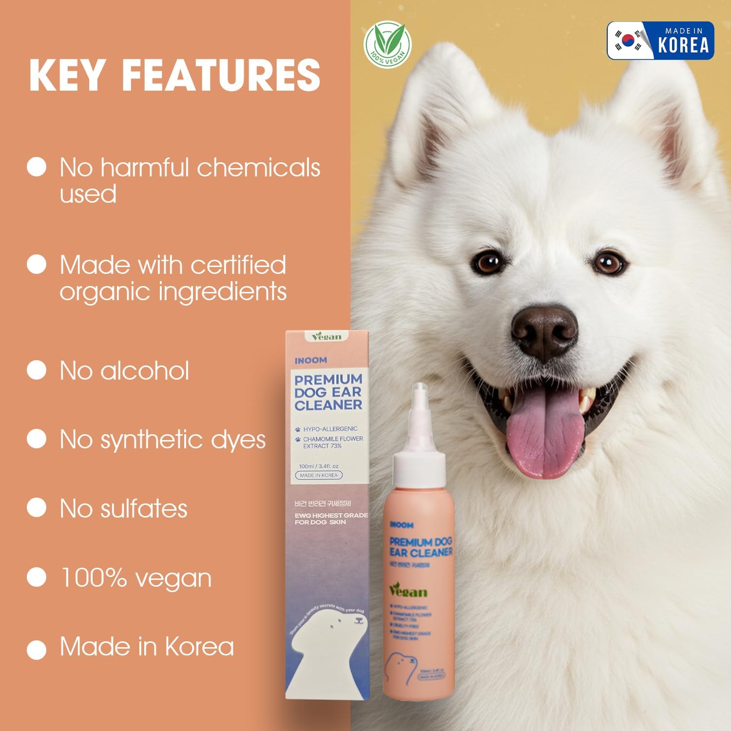 Korean Plant Based Vegan Dog Ear Cleaner 100 Ml – Naturally Derived Ear Cleanser Dogs – Advanced Solution for Ear Cleaning, Odors, Debris, Itchy, Ear Wax, Moisturizing – Made in Korea
