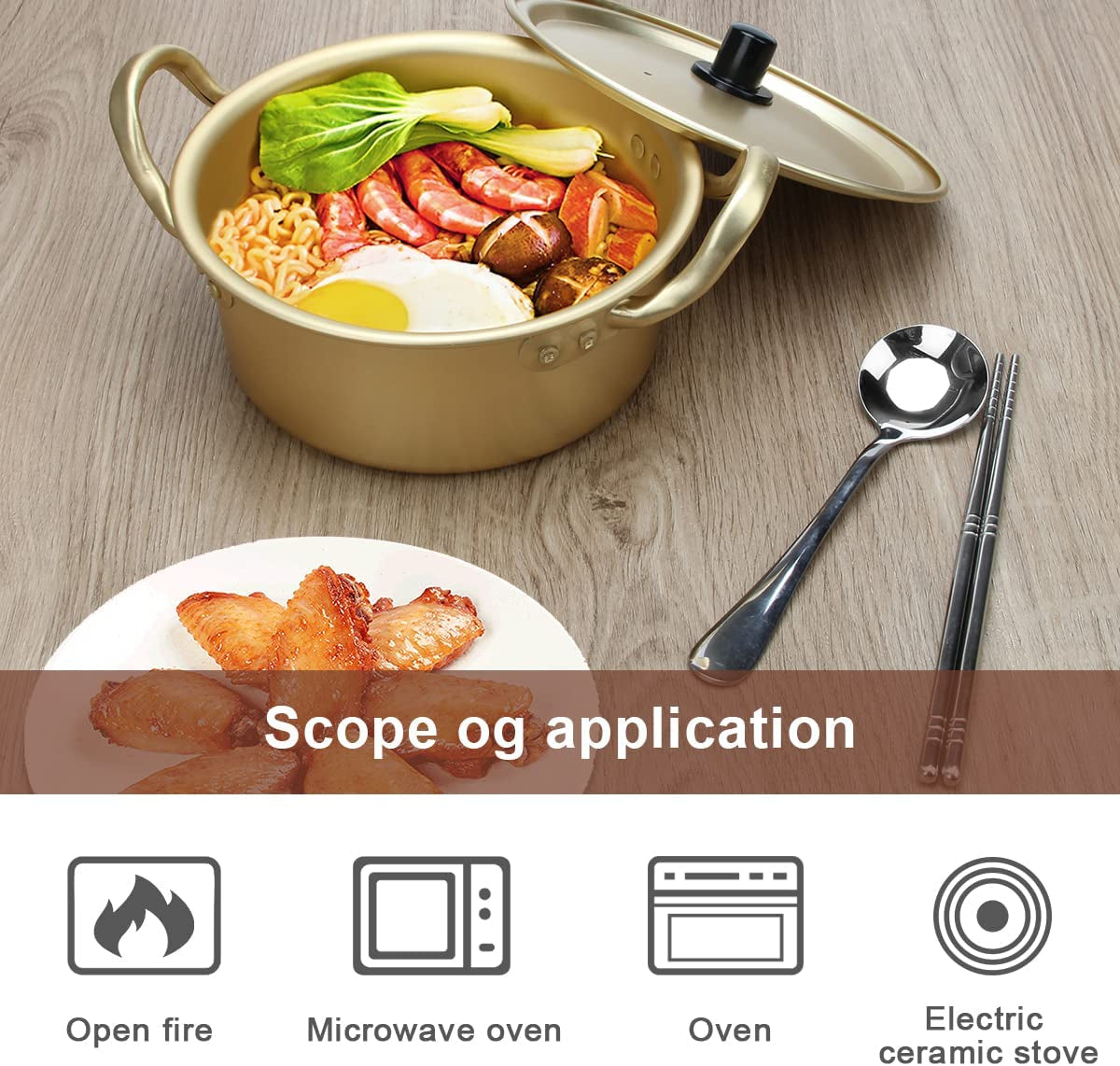 Korean Ramen Cooking Pot, AHIER Korean Ramen Noodle Pot with Lid, Spoon and Chopsticks (1Pair), Fast Heating for Kitchen Cookware (Double Handle) (6.3In)