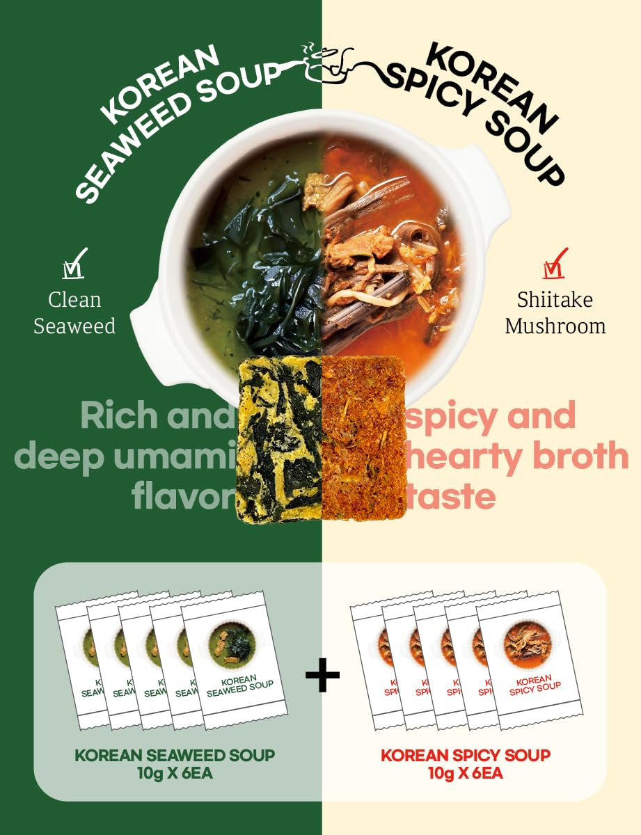 Korean Frozen Dried Multi-Pack Soup (Seaweed Soup 10G × 6Ea) + (Korean Spicy Soup 10G × 6Ea) Easy Cooking Individual Packaging 한국 전통 국, 미역국, 육개장