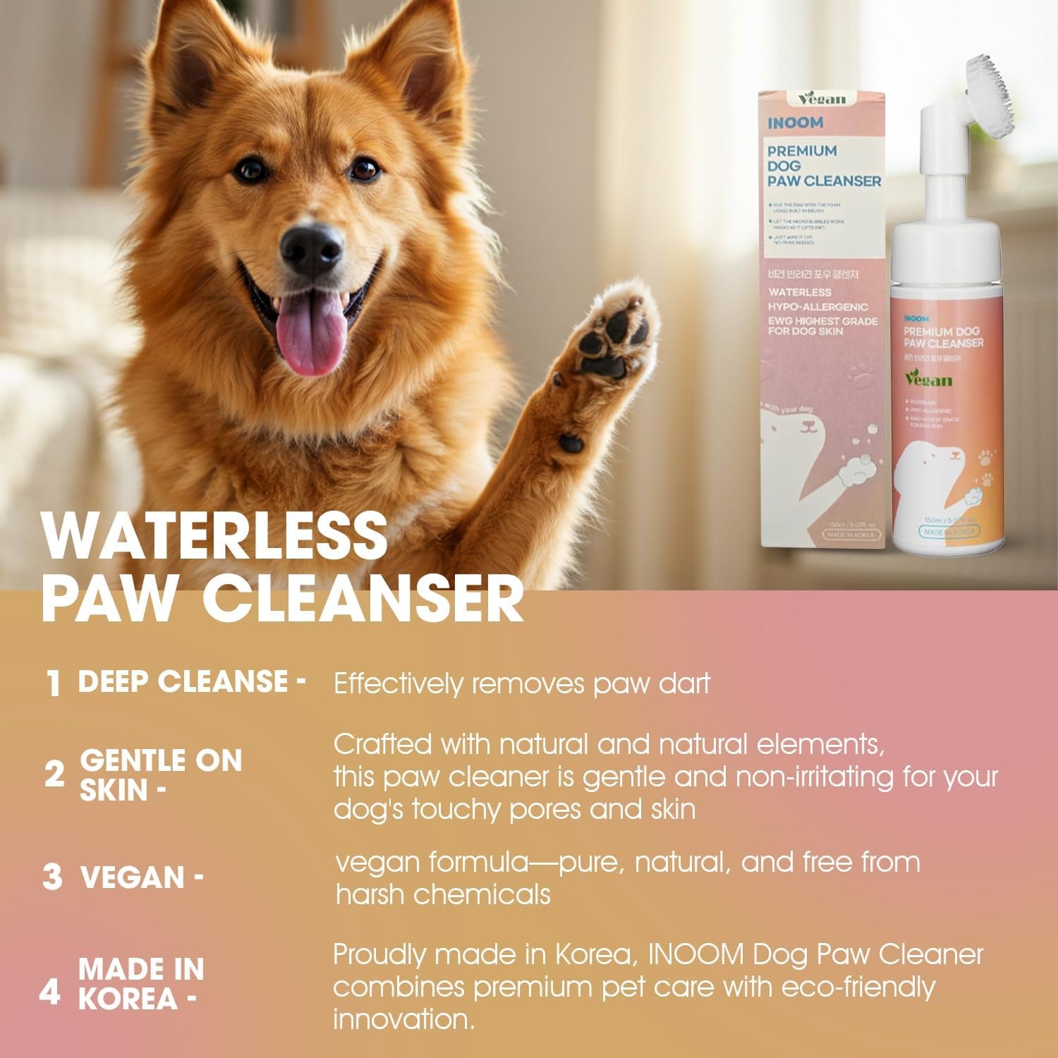 Korean Vegan Dog Paw Cleaner 150Ml – Waterless Paw Cleanser with Silicone Brush – Perfect for Puppy to Adult Dogs – Gentle & Non-Irritating Dogs Paws – Moisturizes & Cleanses – Made in Korea