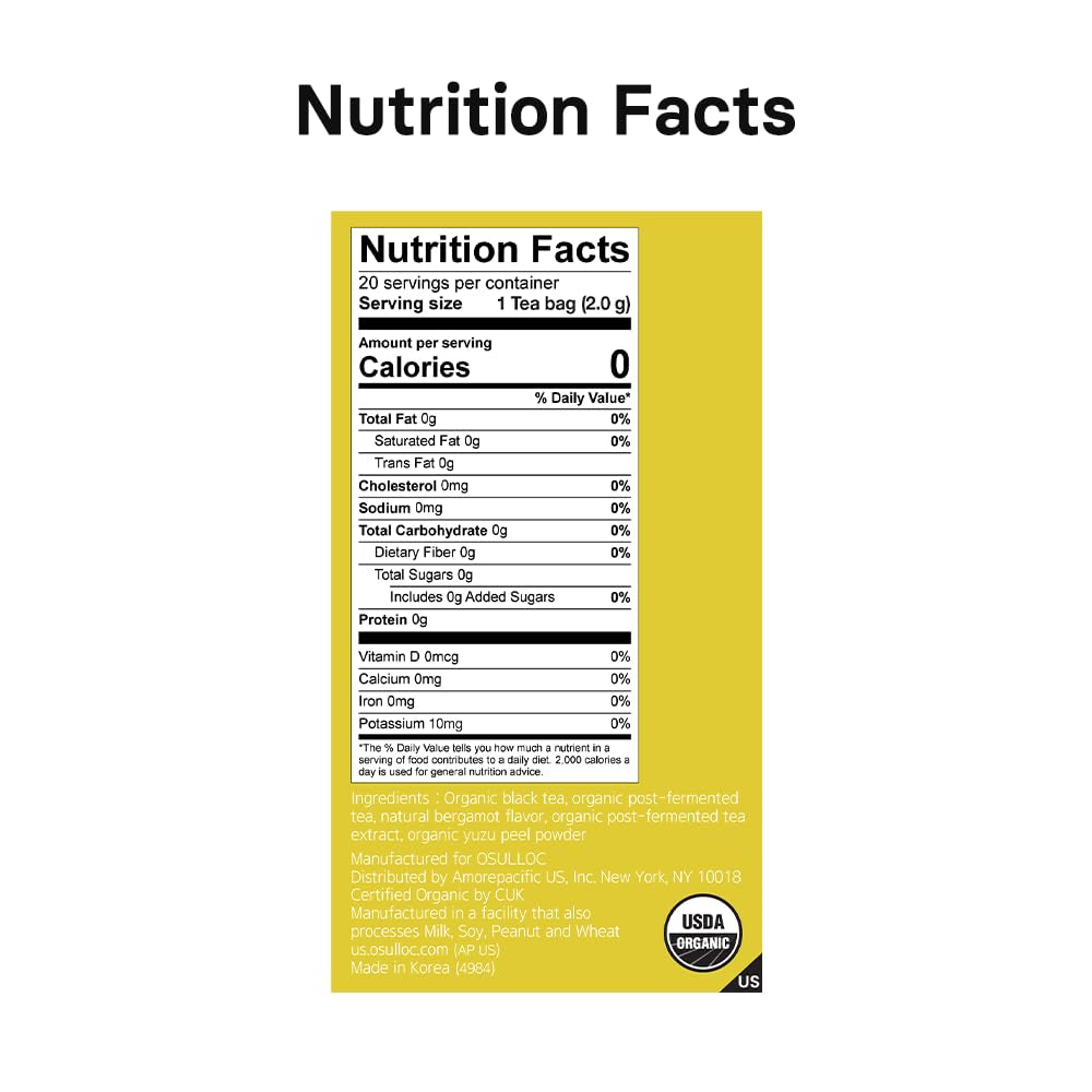 OSULLOC Yuja Earl Grey (Natural Bergamot Flavor, Yuju), USDA Organic, Premium Teabags from Jeju Island, 20 Count, 1.41 Oz, 40G