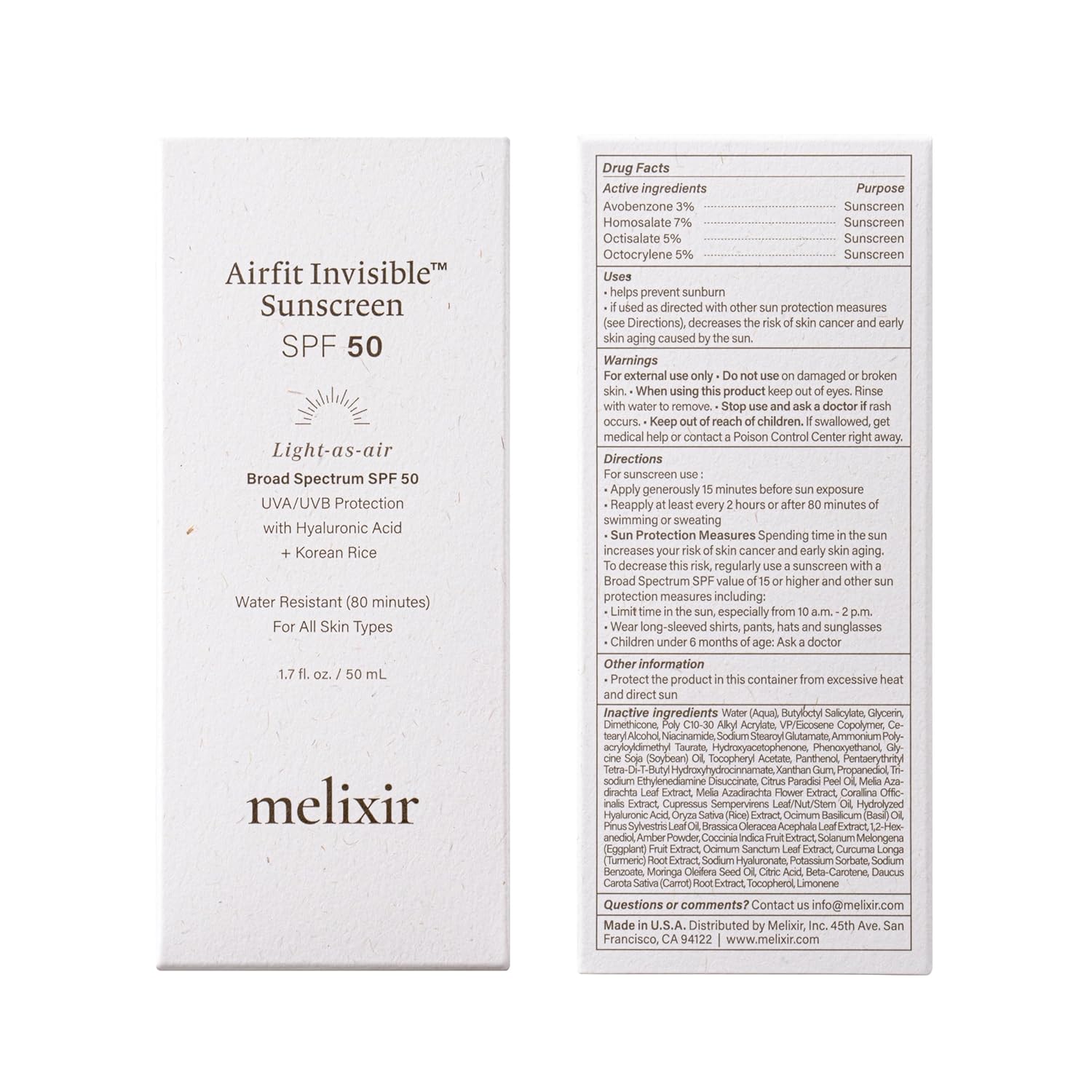 Melixir Airfit Invisible™ Sunscreen SPF 50, Broad Spectrum Korean Rice Sunscreen for Face, Hyaluronic Acid, Moisturizing Daily Protection for Sensitive Skin, No White Cast, Waterproof (1.7Fl.Oz./50Ml)