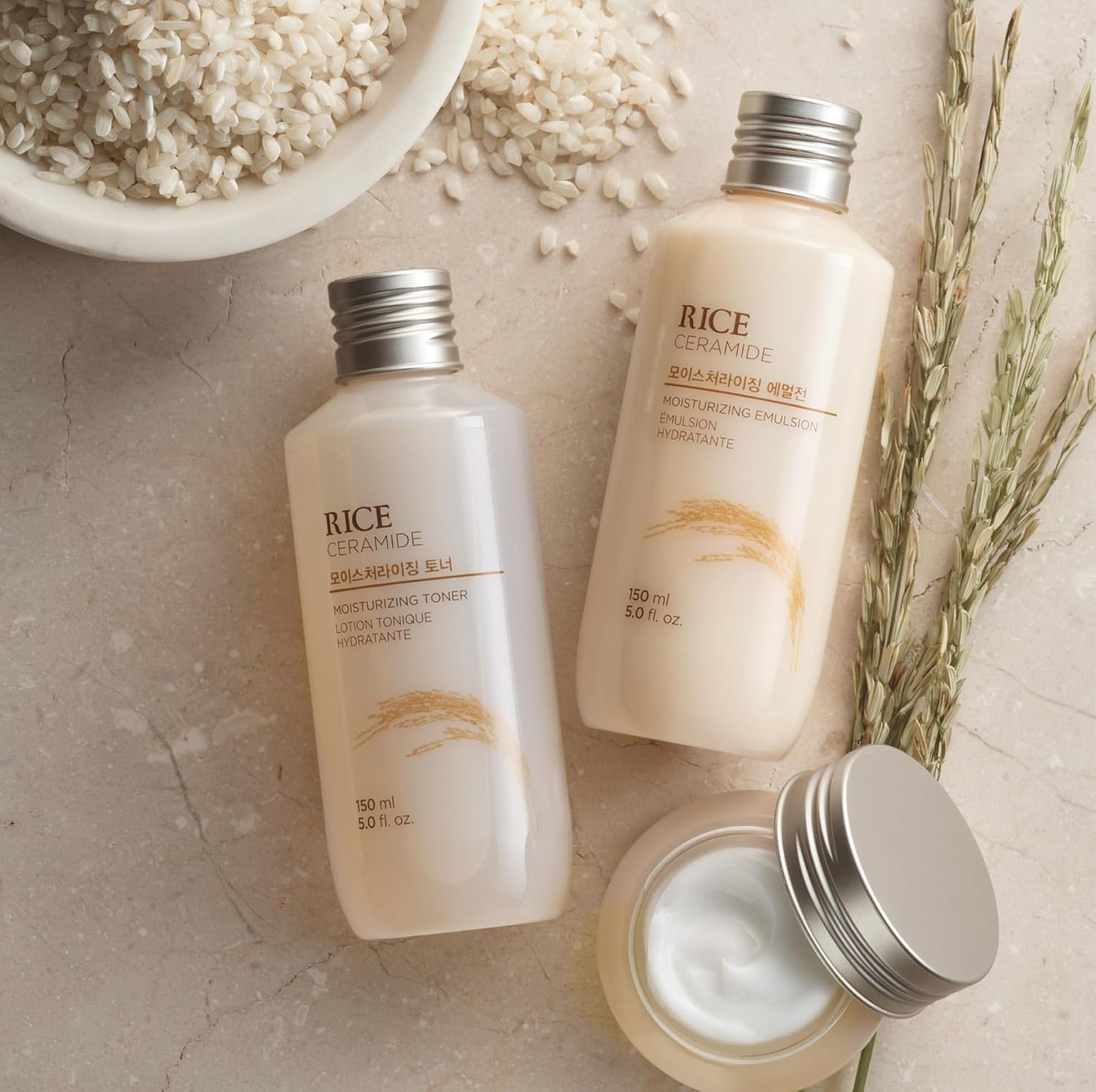 The Face Shop Rice Ceramide Moisturizing Skincare Set - Toner & Moisturizer, Korean Skin Care with Rice Water, Gift Set, Travel Size, Hydrating for Dry Skin