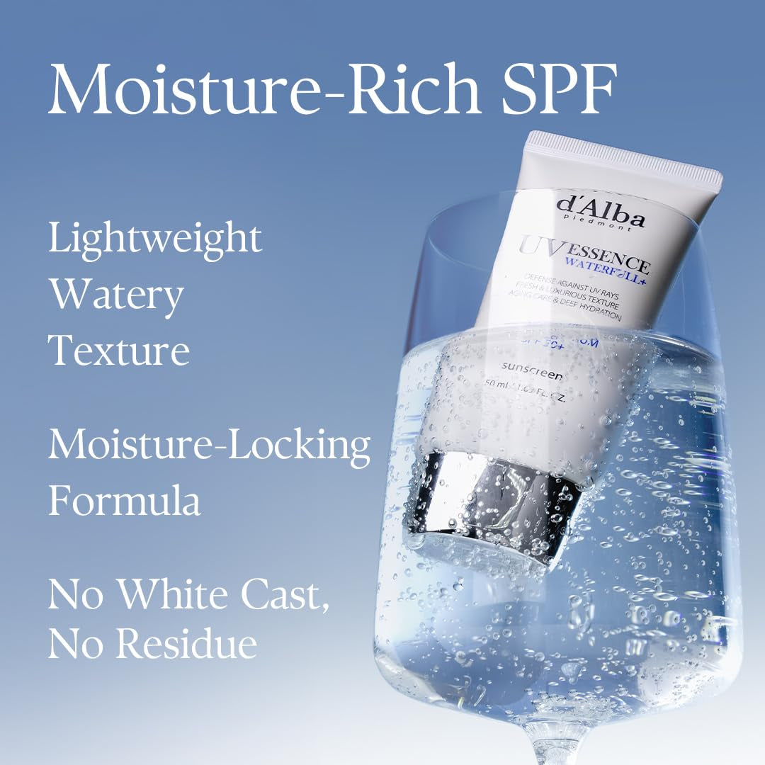 D'Alba Piedmont Italian White Truffle Waterfull Essence Sunscreen, Vegan Skincare, Lightweight Sunscreen with BROAD SPECTRUM SPF 50+, Glowy, Safe for All Skin Types, Korean Skin Care (1.69 Fl. Oz)