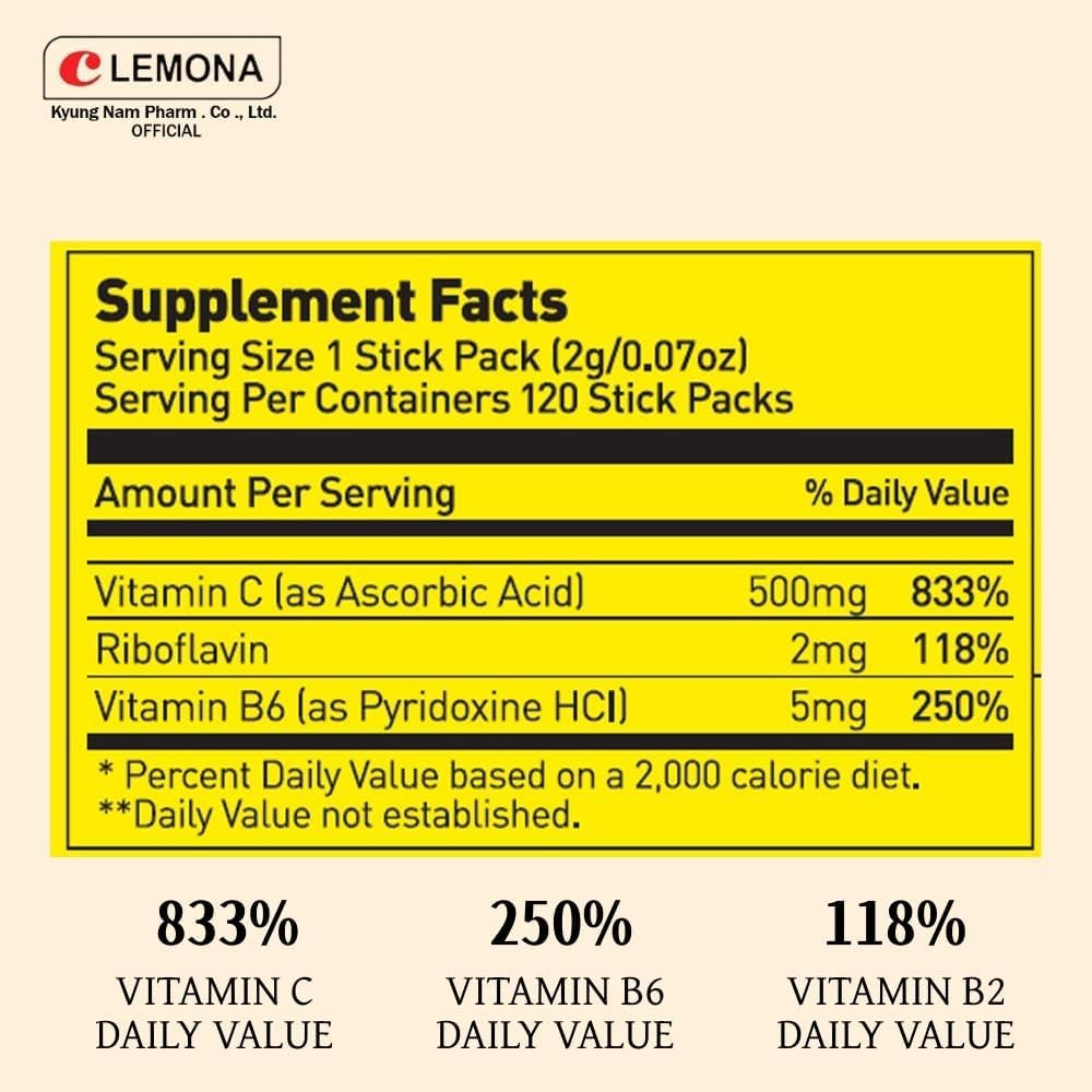 LEMONA Official Vitamin C Powder 500Mg Korean Supplements Immune Support B6, B2, On-The-Go Packets Vitamin Healthy Living, Easy to Take Daily Energy Boost Korean Food Snacks Lemon (120Sticks)