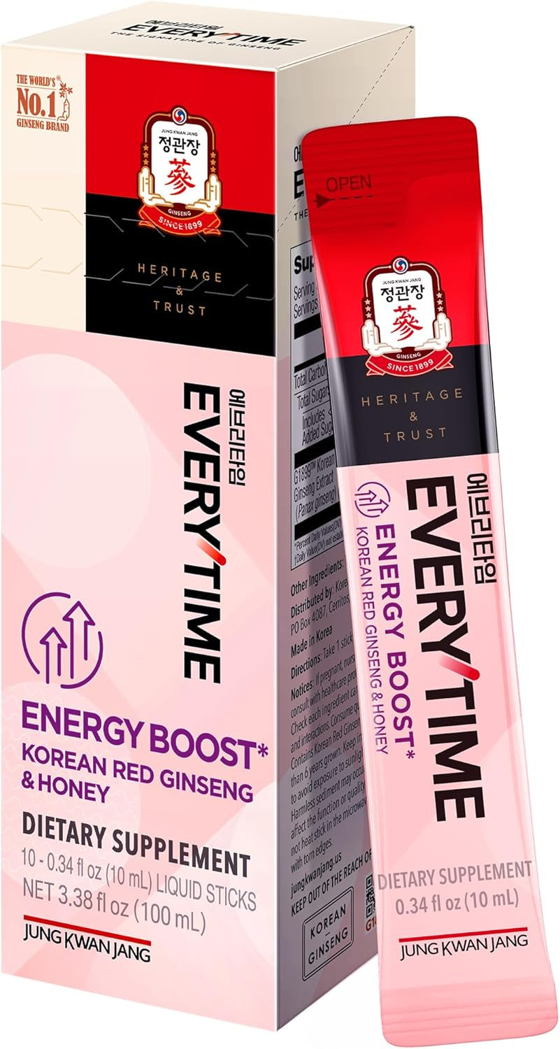 Everytime Energy Boost Korean Red Ginseng Extract 1,000Mg & Honey - Vegan Ginseng Energy Drink Liquid Stick Supplements - Builds Stamina & Immunity No Caffeine (10 Sticks, 0.34 Fl Oz)