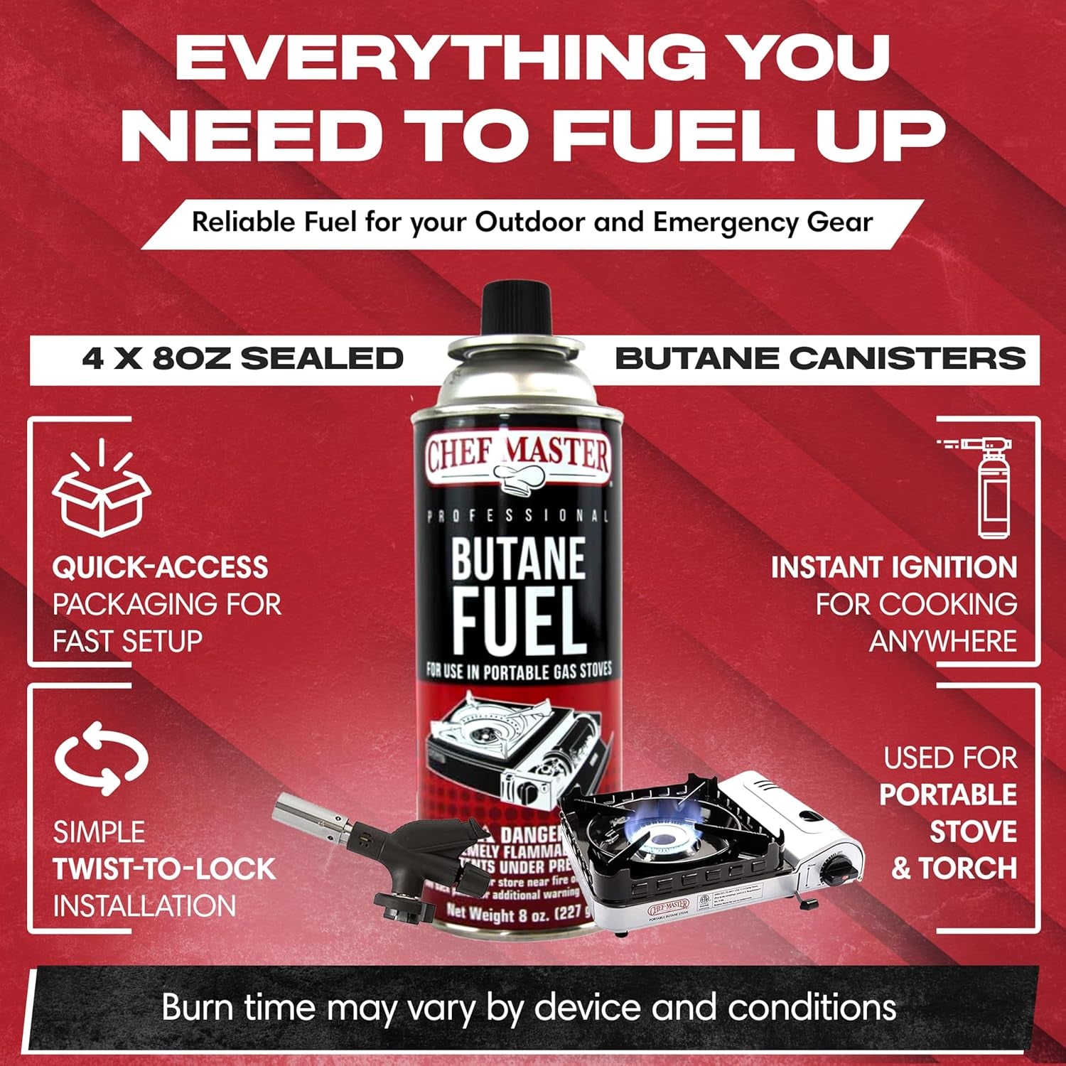 Chef Master 4X 8Oz Butane Fuel Canister - Butane Refill for Kitchen Torch & Camp Stove - Gas Canister for Picnics, Outdoor Cooking, Grilling - Camping Stove, Torch Fuel Camping Essentials - 90340