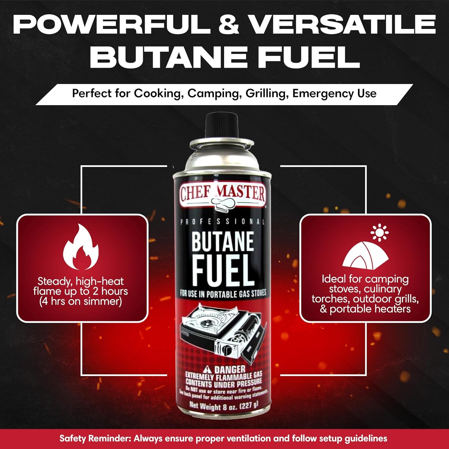 Chef Master 4X 8Oz Butane Fuel Canister - Butane Refill for Kitchen Torch & Camp Stove - Gas Canister for Picnics, Outdoor Cooking, Grilling - Camping Stove, Torch Fuel Camping Essentials - 90340