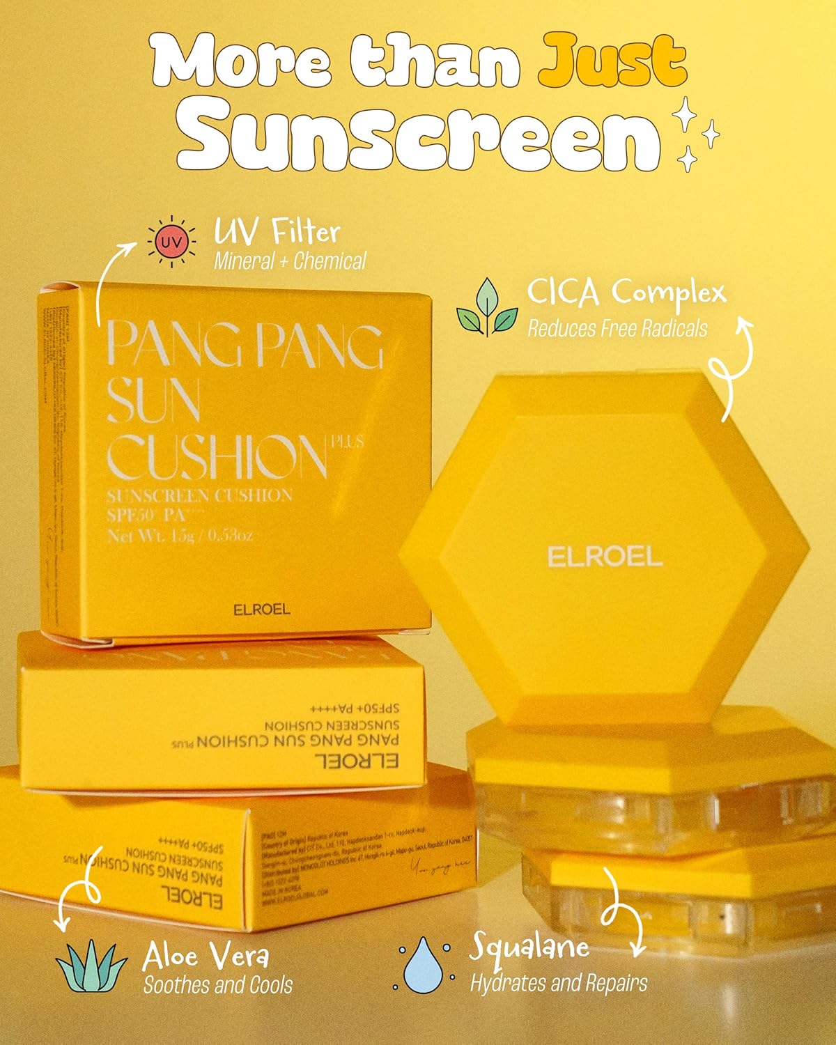 Pang Pang Sun Cushion plus - Korean Hypoallergenic & Lightweight Sunscreen with Puff Sponge - Broad Spectrum SPF50+ PA++++ (0.53 Oz)