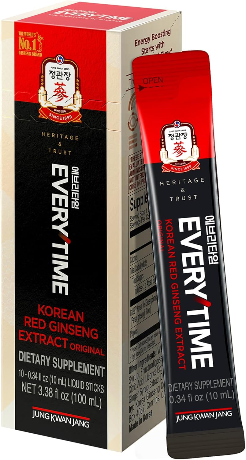 Korean Red Ginseng Extract Everytime 3000Mg | Sugar Free Energy Supplement, Ginseng Tea, Ginseng Supplement, Korean Food | Energy Boost, Stamina | 10 Count