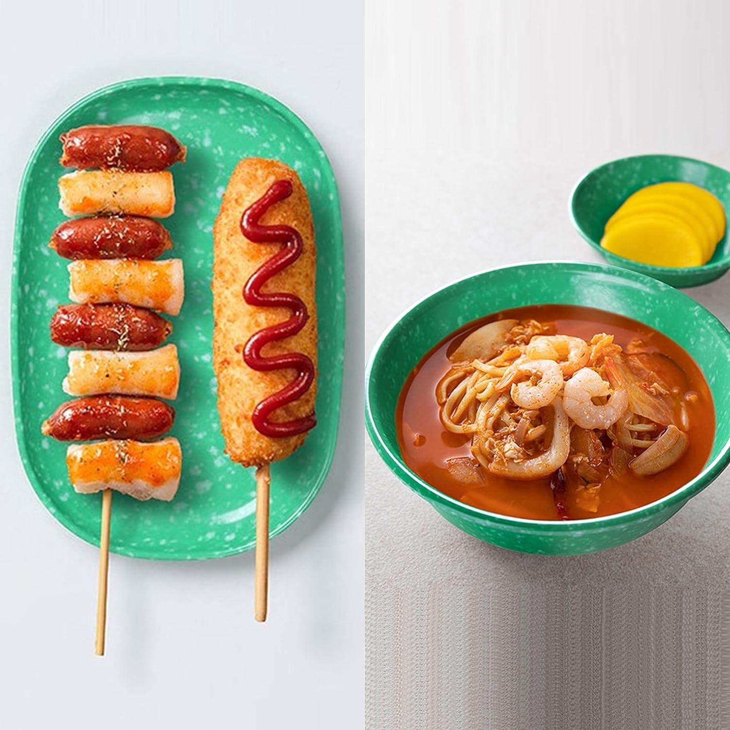 Korean Tteokbokki Set, 6 Melamine Traditional Snack Dinnerware, 2 Big Oval Plates, 3 Square Plates and 1 Large Bowl, Indoor and Outdoor Party Dish, Break-Resistance