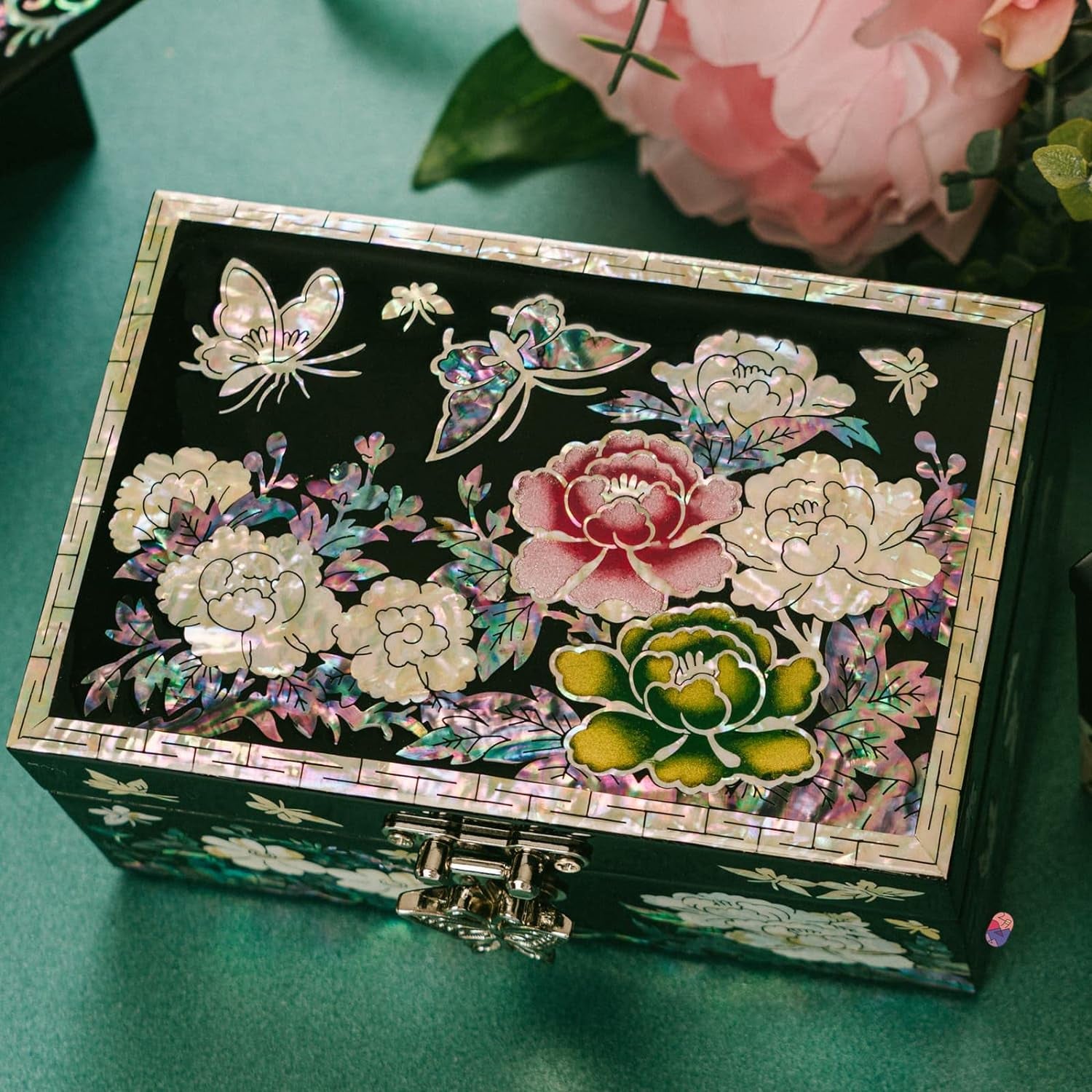 February Mountain Luxury Mother of Pearl Jewelry Box – Handcrafted Korean Keepsake Box with Floral and Butterfly Design, Ideal Christmas and Birthday Gift for Women, Mom, Sister, Wife, or Grandma