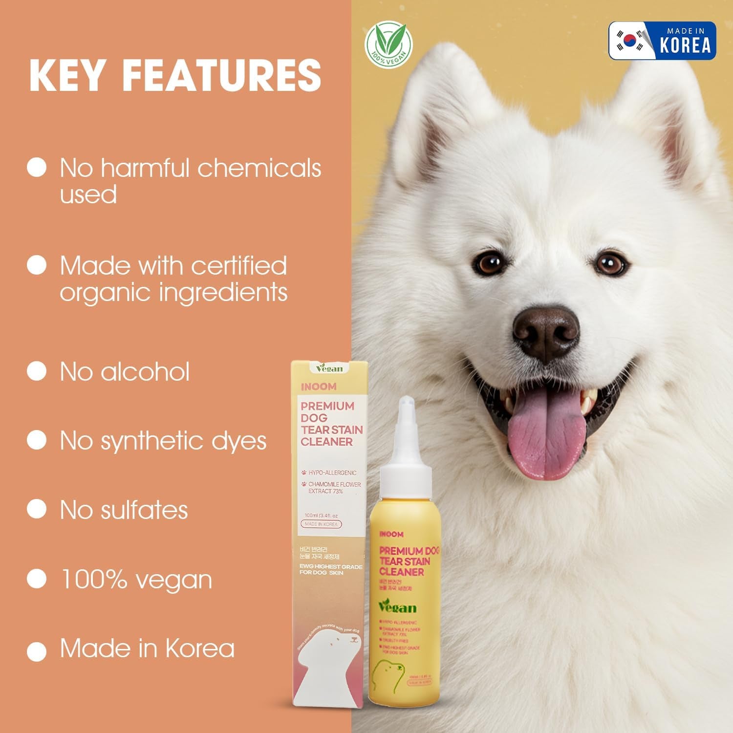 Korean Plant Based Vegan Dog Tear Stain Cleaner 100 Ml – Gentle & Effective Eye Stain Remover for Dogs – Non-Irritating Facial Cleanser, with Hyaluronic Acid, Cruelty-Free Pet Eye – Made in Korea
