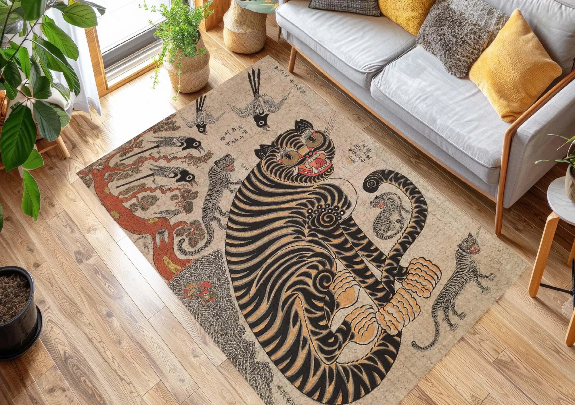 Korean Art, Asian Art, Korean Painting, Japanese Tiger Painting, Tiger Carpet, Eclectic Bedroom Decor, Tiger Area Rug, Housewarming Gift Rug