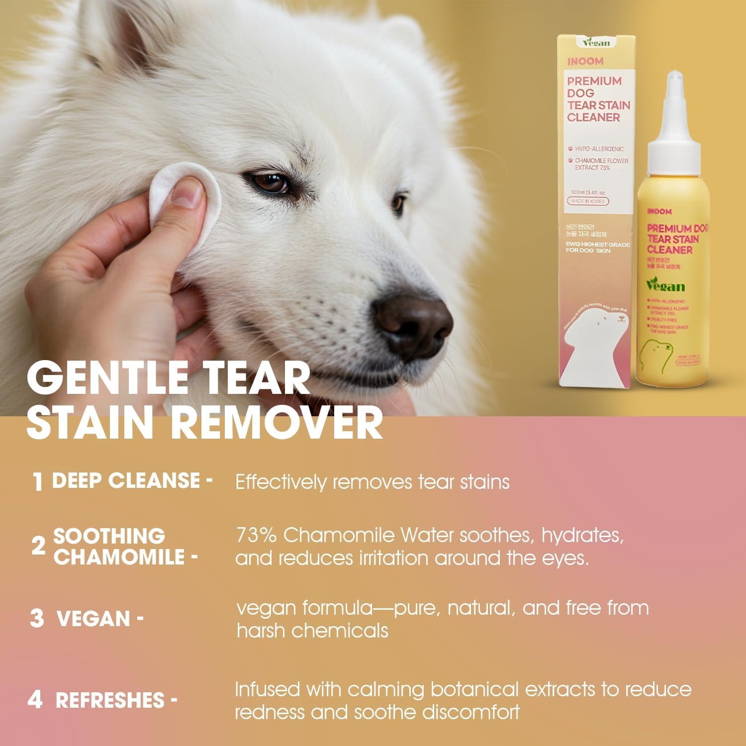 Korean Plant Based Vegan Dog Tear Stain Cleaner 100 Ml – Gentle & Effective Eye Stain Remover for Dogs – Non-Irritating Facial Cleanser, with Hyaluronic Acid, Cruelty-Free Pet Eye – Made in Korea