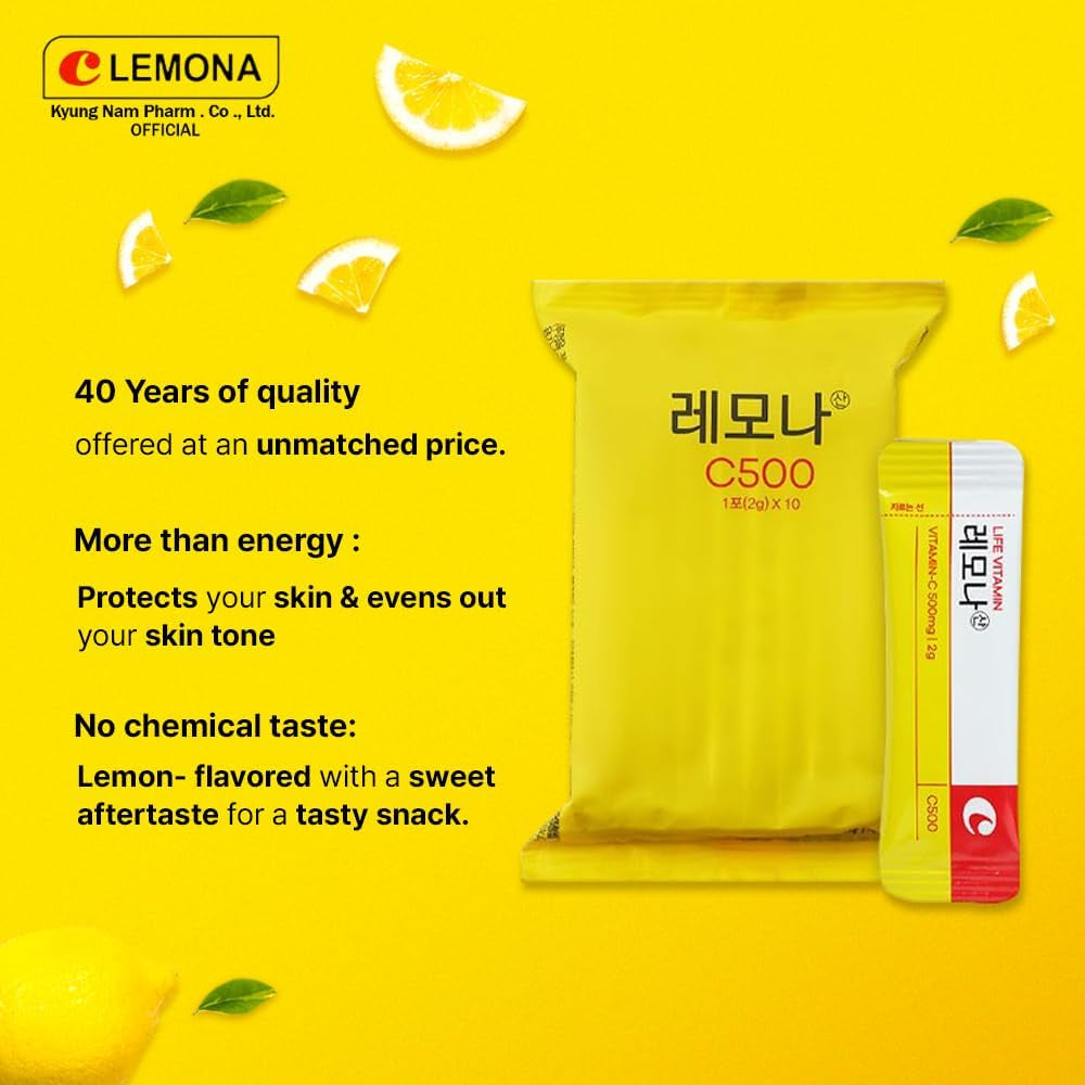 LEMONA Official Vitamin C Powder 500Mg Korean Supplements Immune Support B6, B2, On-The-Go Packets Vitamin Healthy Living, Easy to Take Daily Energy Boost Korean Food Snacks Lemon (120Sticks)