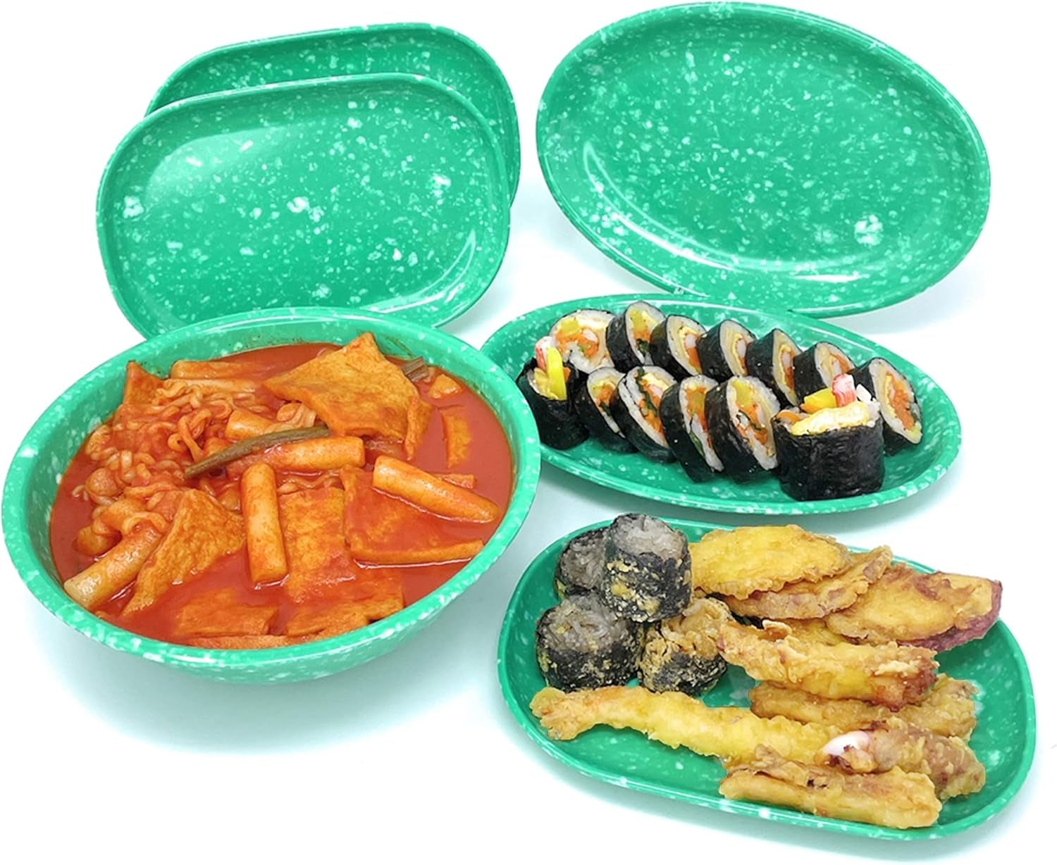 Korean Tteokbokki Set, 6 Melamine Traditional Snack Dinnerware, 2 Big Oval Plates, 3 Square Plates and 1 Large Bowl, Indoor and Outdoor Party Dish, Break-Resistance