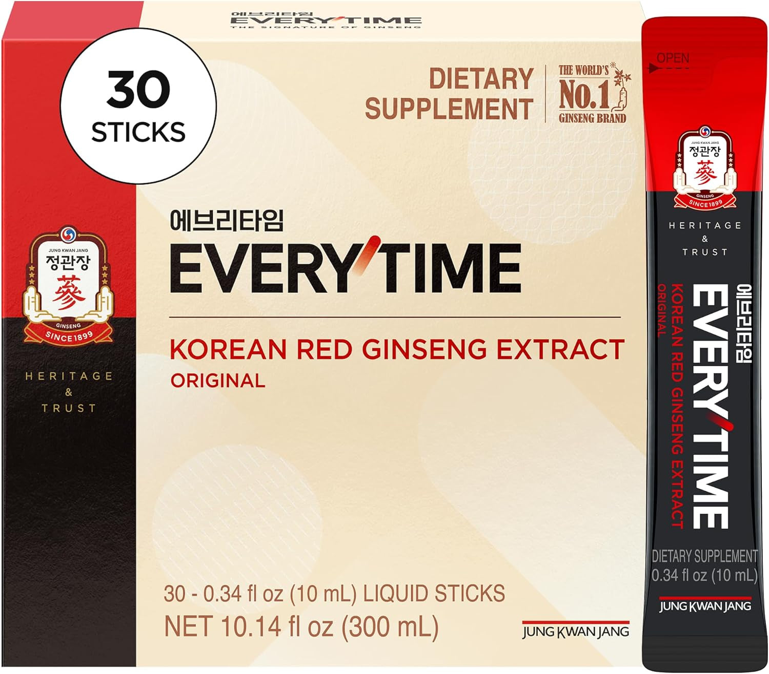 Everytime Korean Red Ginseng Extract Stick 3,000Mg Original - Adaptogen Energy Drink Liquid Stick Supplements - Energy Boost & Immune Support, Caffeine Free (30 Sticks)