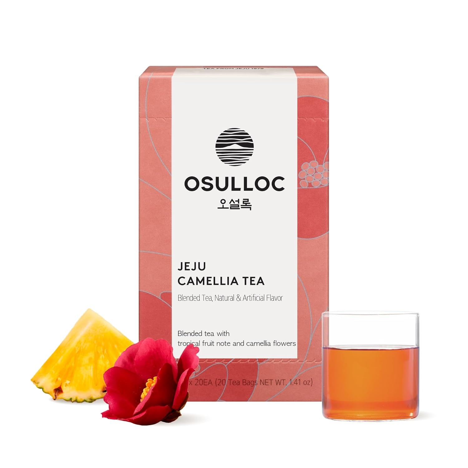 OSULLOC Camellia Flower Tea (Tropical Fruity Flavors), Fruit Tea Blend, Premium Teabags from Jeju Island, 20 Count