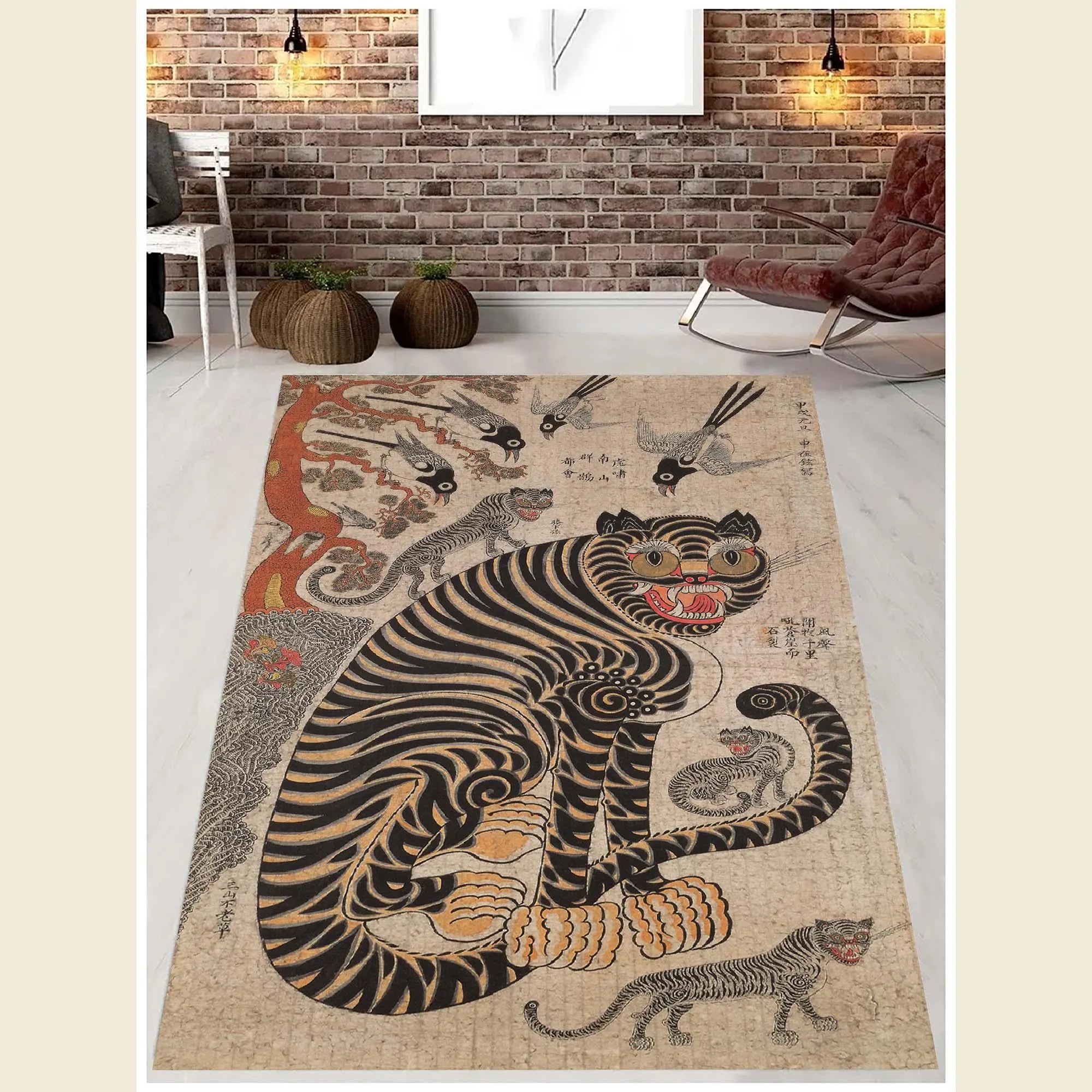 Korean Art, Asian Art, Korean Painting, Japanese Tiger Painting, Tiger Carpet, Eclectic Bedroom Decor, Tiger Area Rug, Housewarming Gift Rug