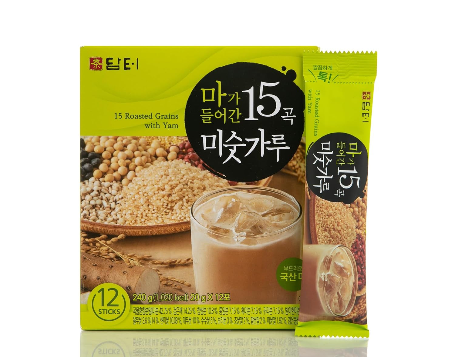 Damtuh Korean 15 Multi Mixed Roast Grain Powder Meal Replacement Shake – Healthy Breakfast Drink, Nutritious Grain Misugaru, 20G X 12 Sticks