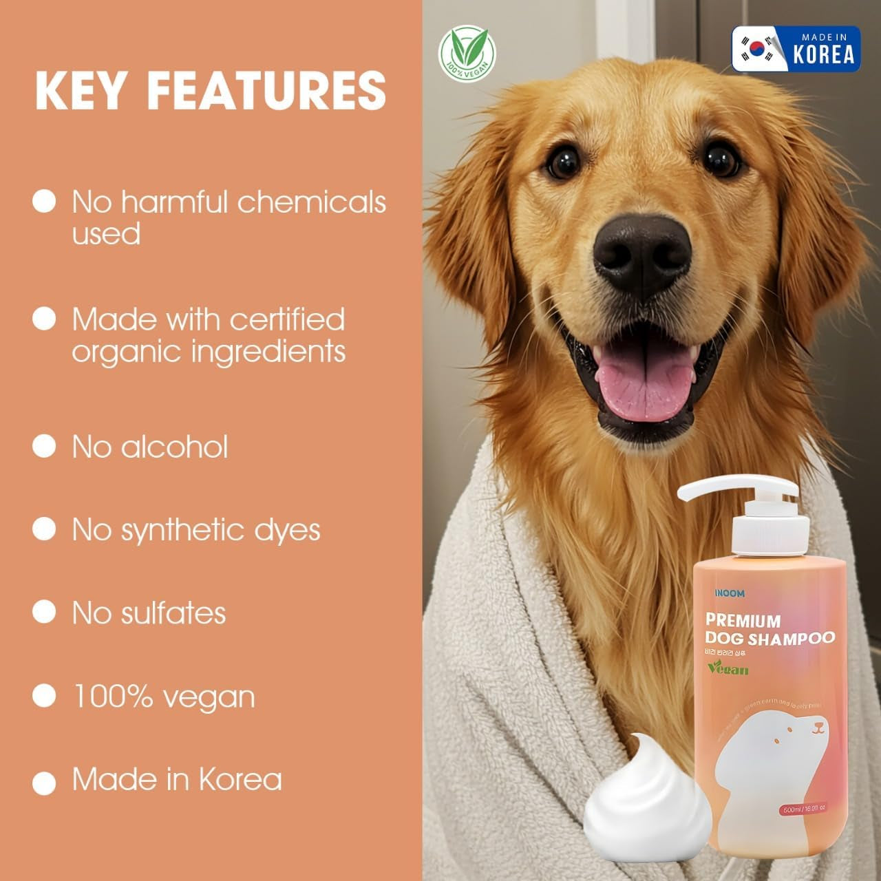 Korean Plant Based Vegan Dog Shampoo 500Ml - Hypoallergenic, Hyaluronic Acid for Puppy to Adult Dogs Soothing Cleanser, Dandruff and Aloe Itchy Skin Moisturizing for Sensitive Skin, Made in Korea