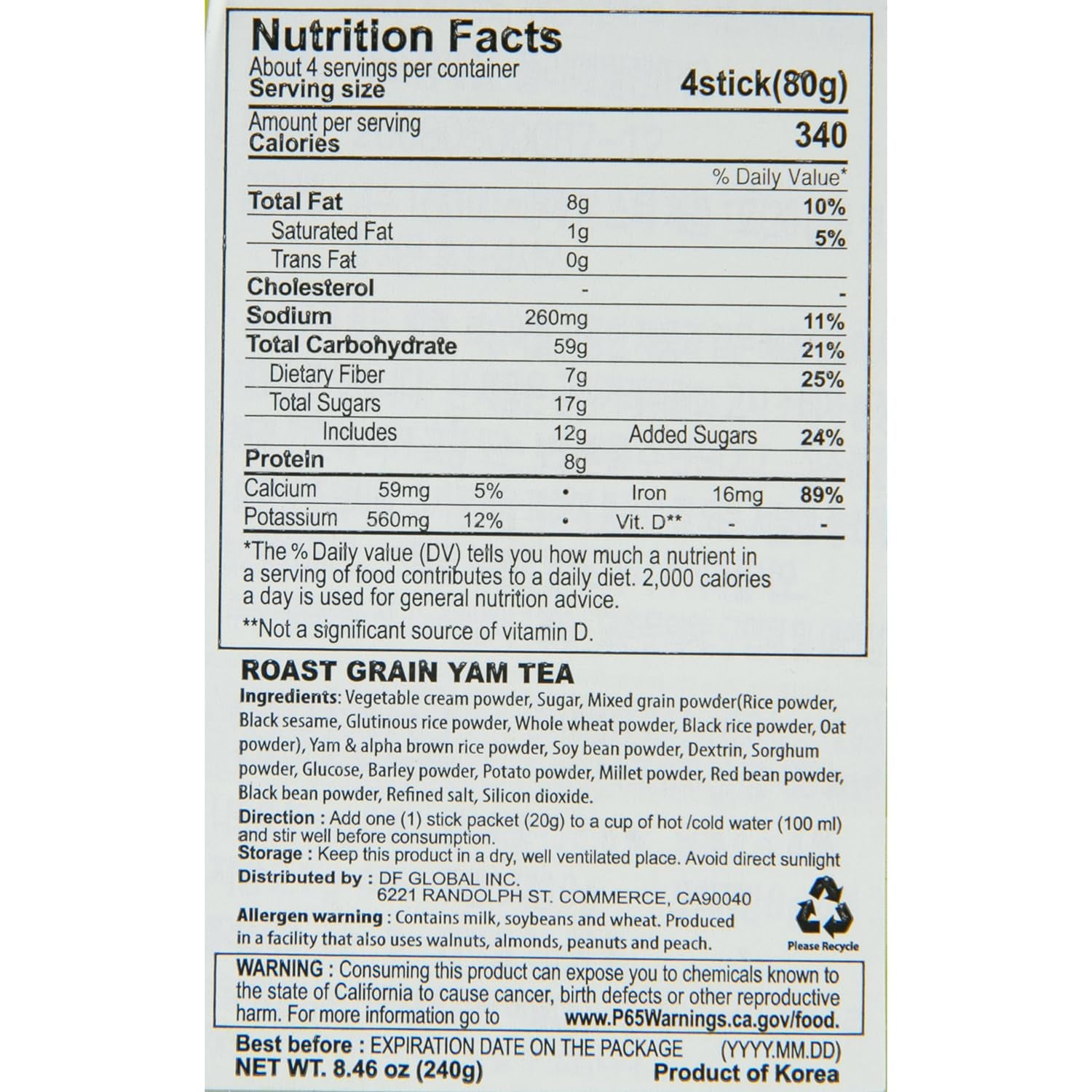 Damtuh Korean 15 Multi Mixed Roast Grain Powder Meal Replacement Shake – Healthy Breakfast Drink, Nutritious Grain Misugaru, 20G X 12 Sticks