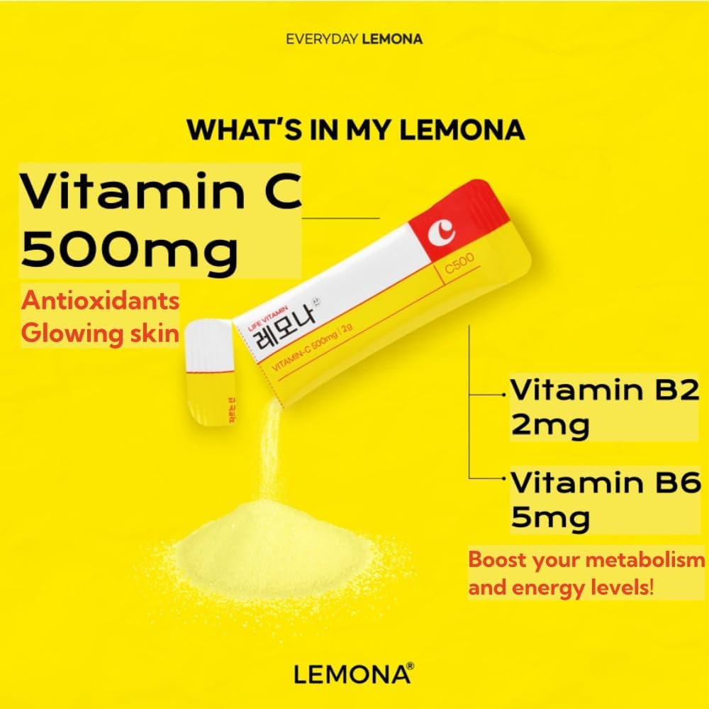 LEMONA Official Vitamin C Powder 500Mg Korean Supplements Immune Support B6, B2, On-The-Go Packets Vitamin Healthy Living, Easy to Take Daily Energy Boost Korean Food Snacks Lemon (120Sticks)