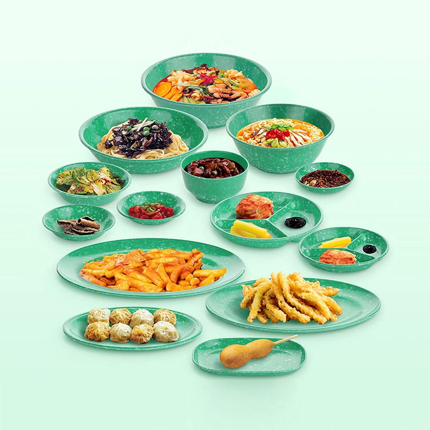 Korean Tteokbokki Set, 6 Melamine Traditional Snack Dinnerware, 2 Big Oval Plates, 3 Square Plates and 1 Large Bowl, Indoor and Outdoor Party Dish, Break-Resistance