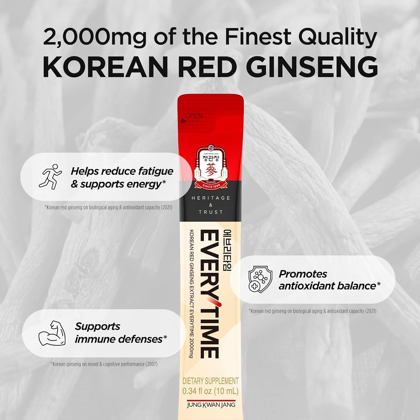 Everytime Korean Red Ginseng Extract 2,000Mg - Liquid Stick Supplements with Propolis & Adaptogen - Energy Boost & Immune Support | Natural & Healthy Energy Drinks (10 Sticks)
