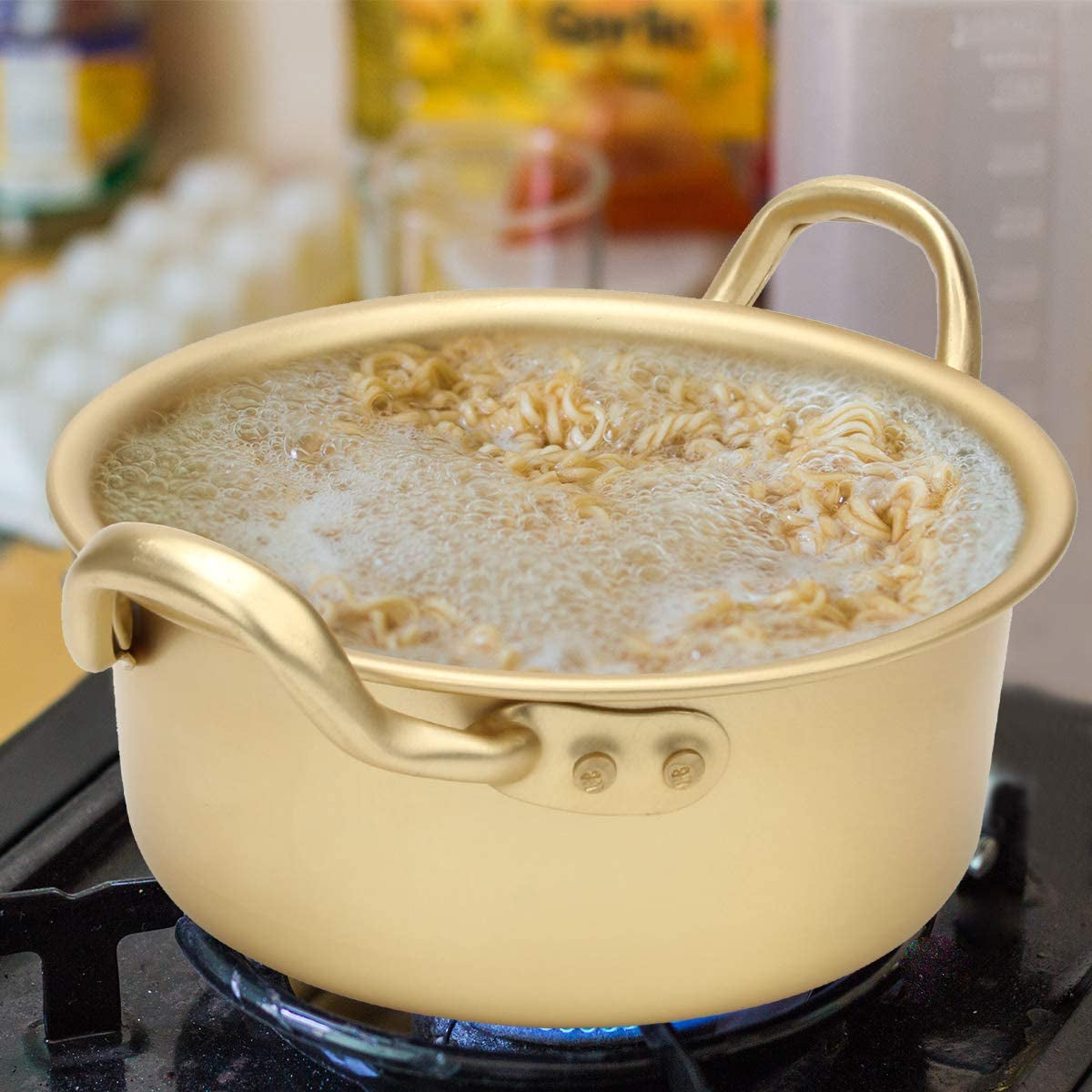 Korean Ramen Cooking Pot, AHIER Korean Ramen Noodle Pot with Lid, Spoon and Chopsticks (1Pair), Fast Heating for Kitchen Cookware (Double Handle) (6.3In)