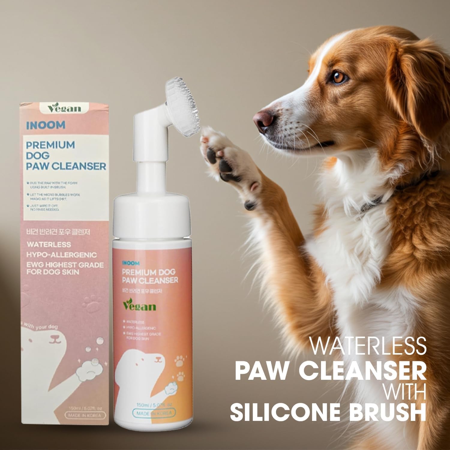 Korean Vegan Dog Paw Cleaner 150Ml – Waterless Paw Cleanser with Silicone Brush – Perfect for Puppy to Adult Dogs – Gentle & Non-Irritating Dogs Paws – Moisturizes & Cleanses – Made in Korea