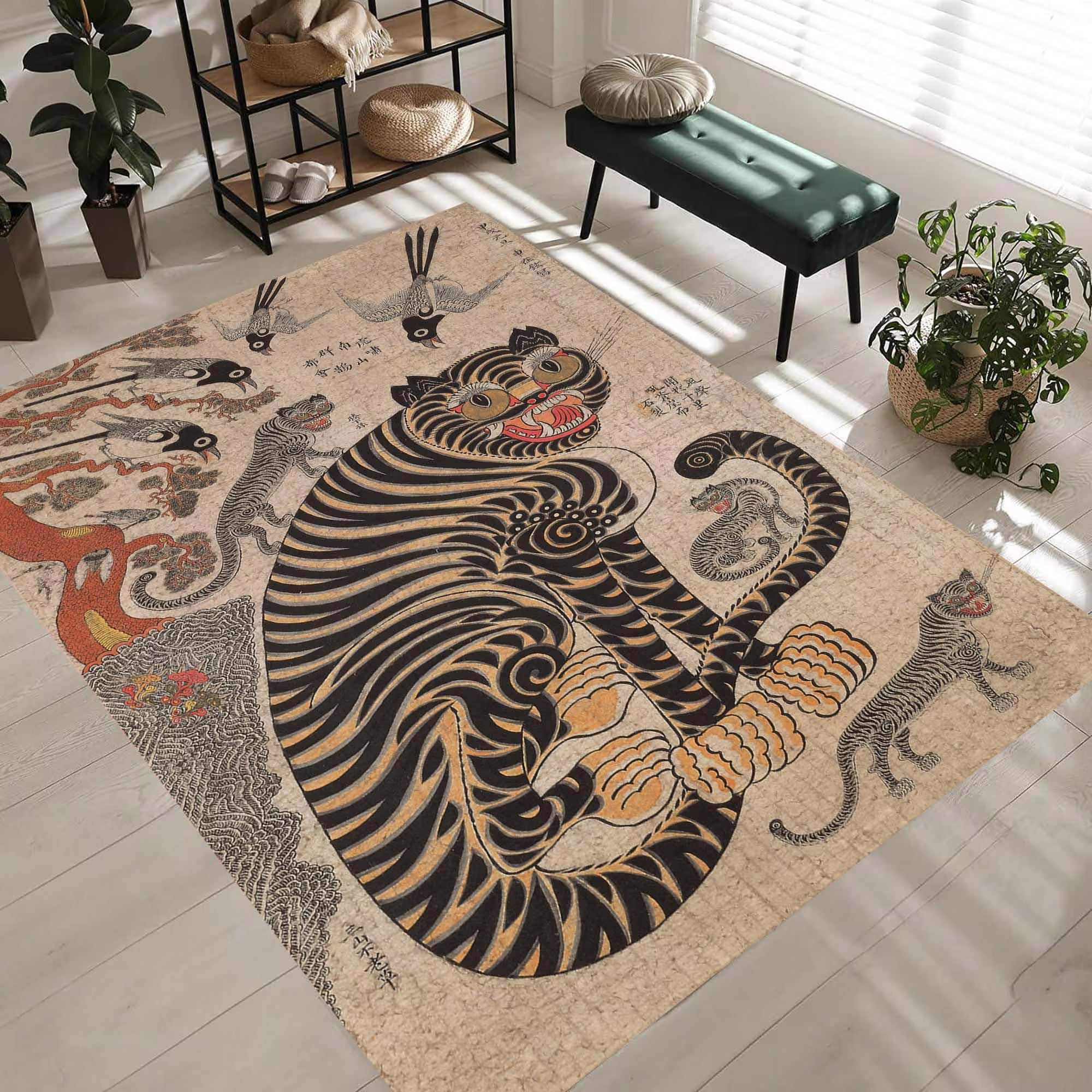 Korean Art, Asian Art, Korean Painting, Japanese Tiger Painting, Tiger Carpet, Eclectic Bedroom Decor, Tiger Area Rug, Housewarming Gift Rug