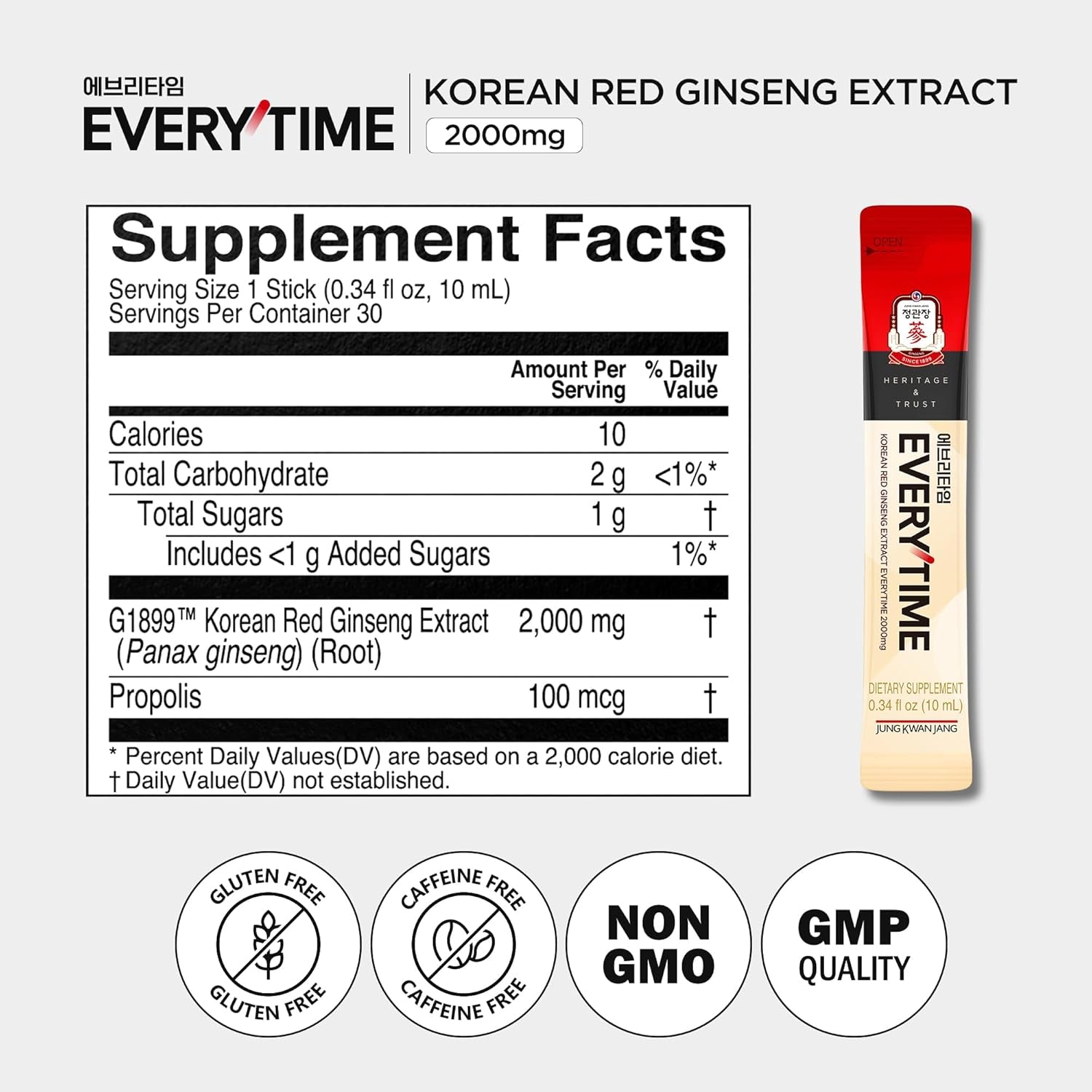 Everytime Korean Red Ginseng Extract 2,000Mg - Liquid Stick Supplements with Propolis & Adaptogen - Energy Boost & Immune Support | Natural & Healthy Energy Drinks (10 Sticks)