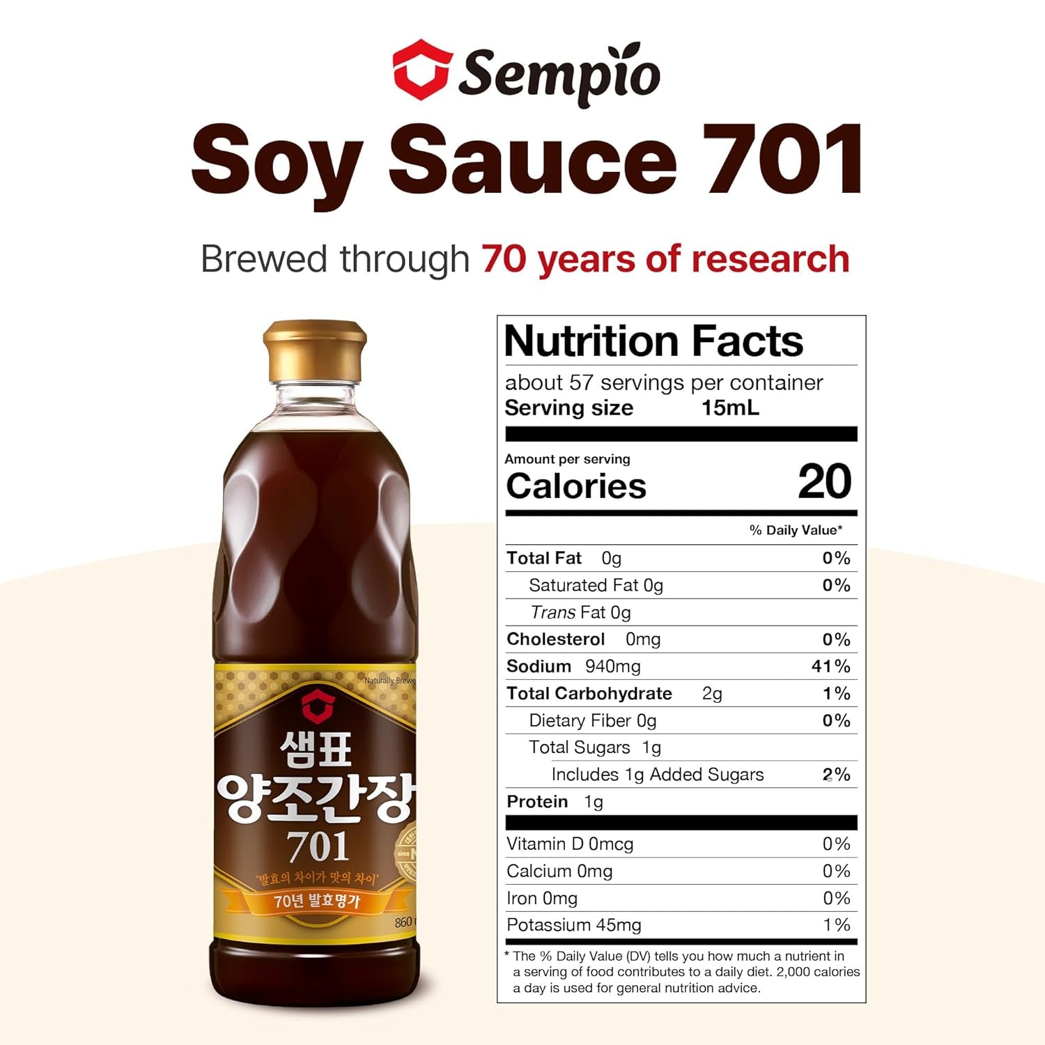 SEMPIO Naturally Brewed Soy Sauce 701 - Premium Korean Dark Soy Sauce, High TN Value, Rich Taste and Aroma, Ideal for Stir-Fries, Sushi, and Salads (29.08 Fl Oz / 860Ml, Vegan, Non-Gmo)​