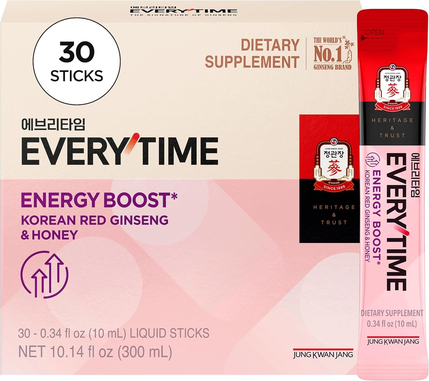 Everytime Energy Boost Korean Red Ginseng Extract Stick 1,000Mg & Honey - Vegan Ginseng Energy Drink Liquid Stick Supplements - Builds Stamina & Immunity No Caffeine (30 Sticks)
